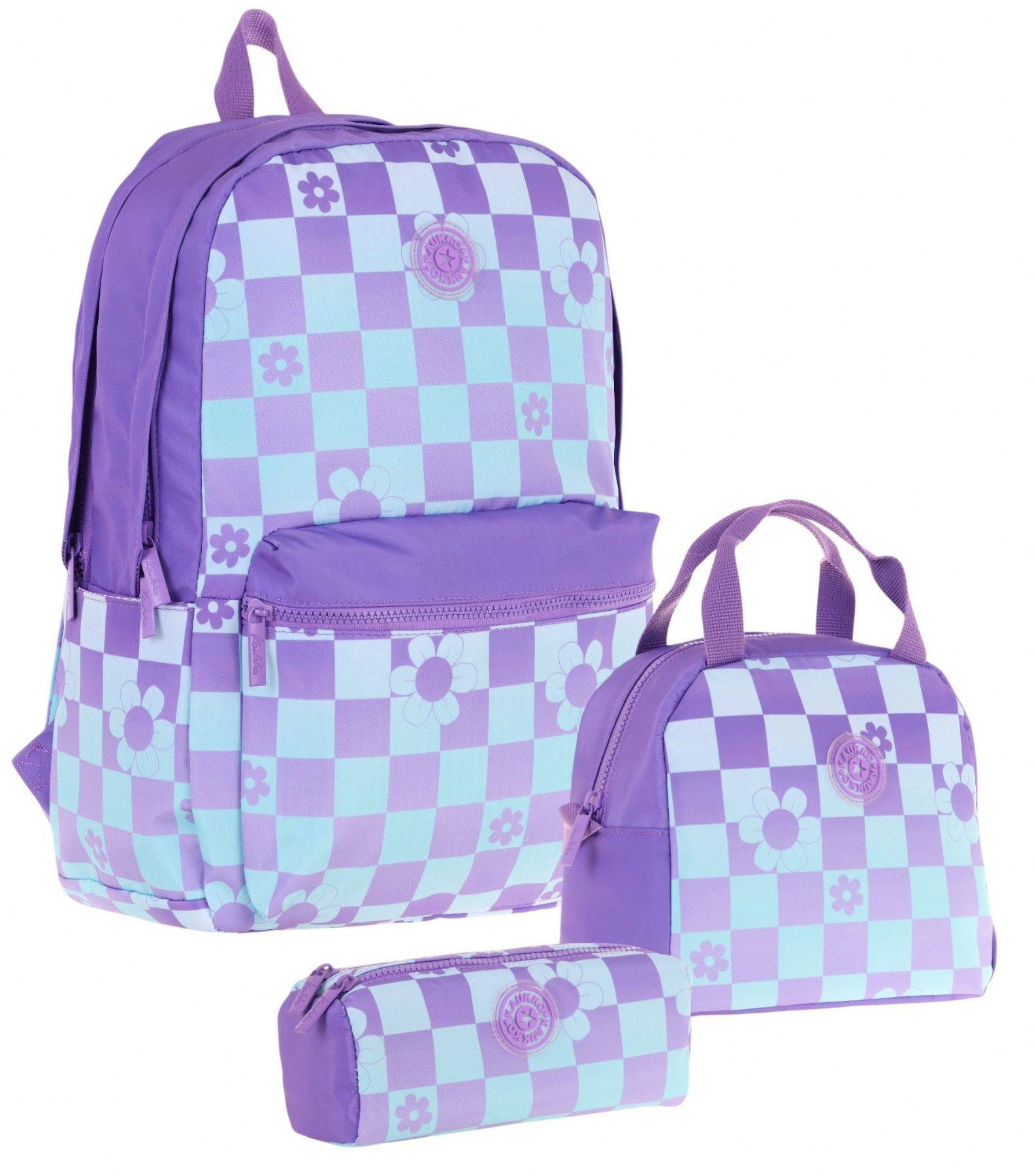 Kaukko Nature Üçlü Kız Çocuk Okul Çanta Seti - Mor Mavi - Papatya ve Kare Desenli