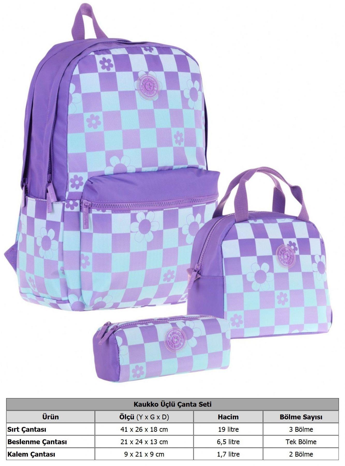 Kaukko Nature Üçlü Kız Çocuk Okul Çanta Seti - Mor Mavi - Papatya ve Kare Desenli