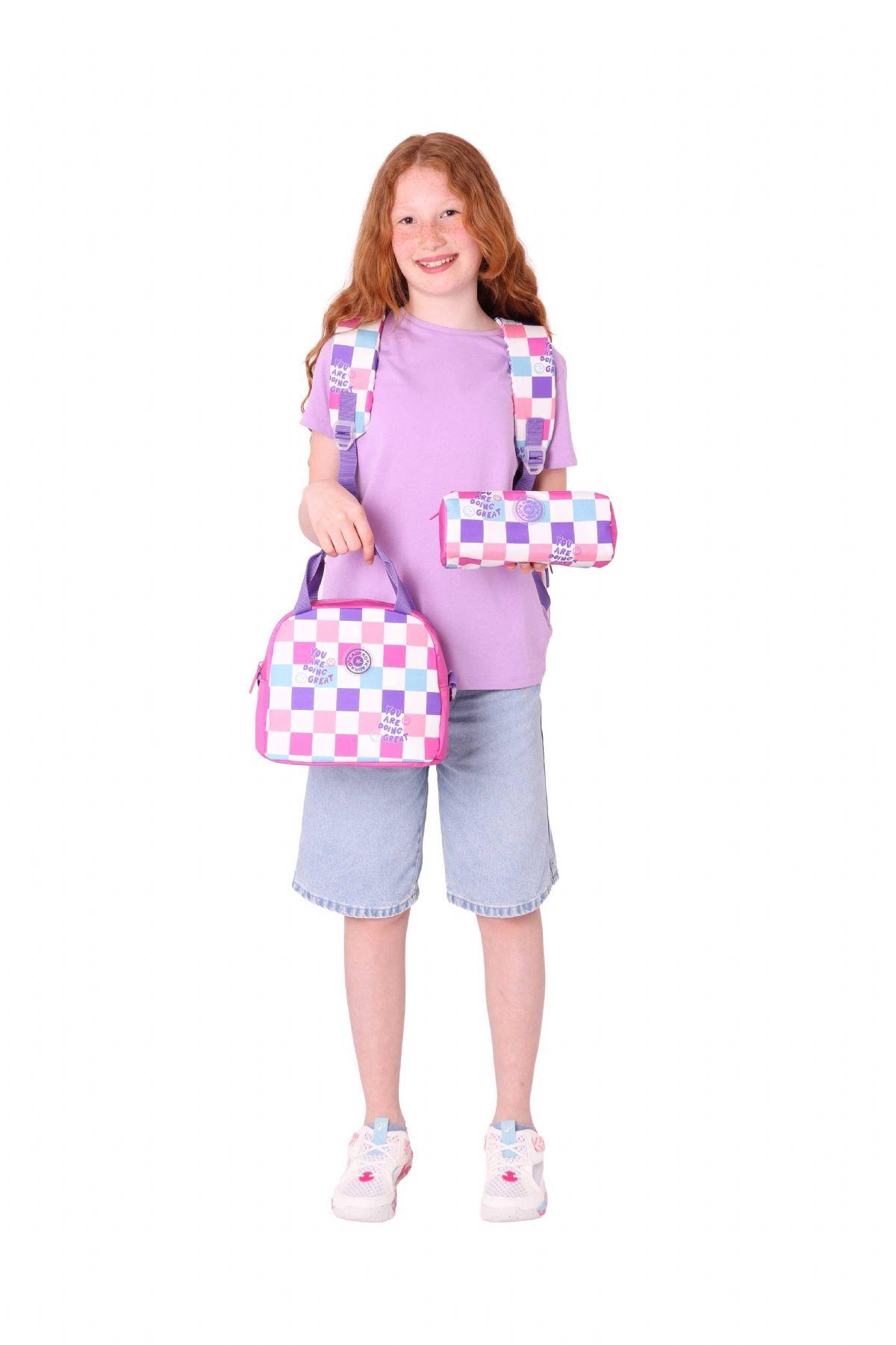 Kaukko Nature Üçlü Kız Çocuk Okul Çanta Seti - Pembe - Dama Desenli