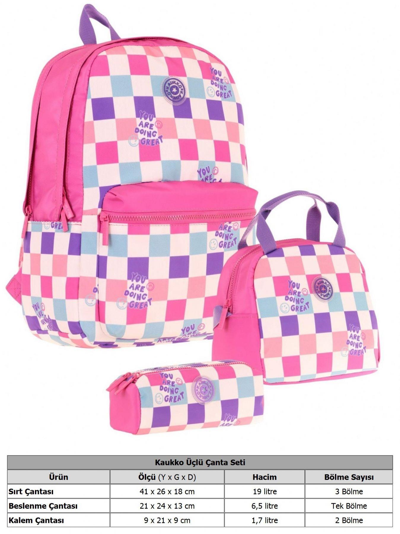 Kaukko Nature Üçlü Kız Çocuk Okul Çanta Seti - Pembe - Dama Desenli