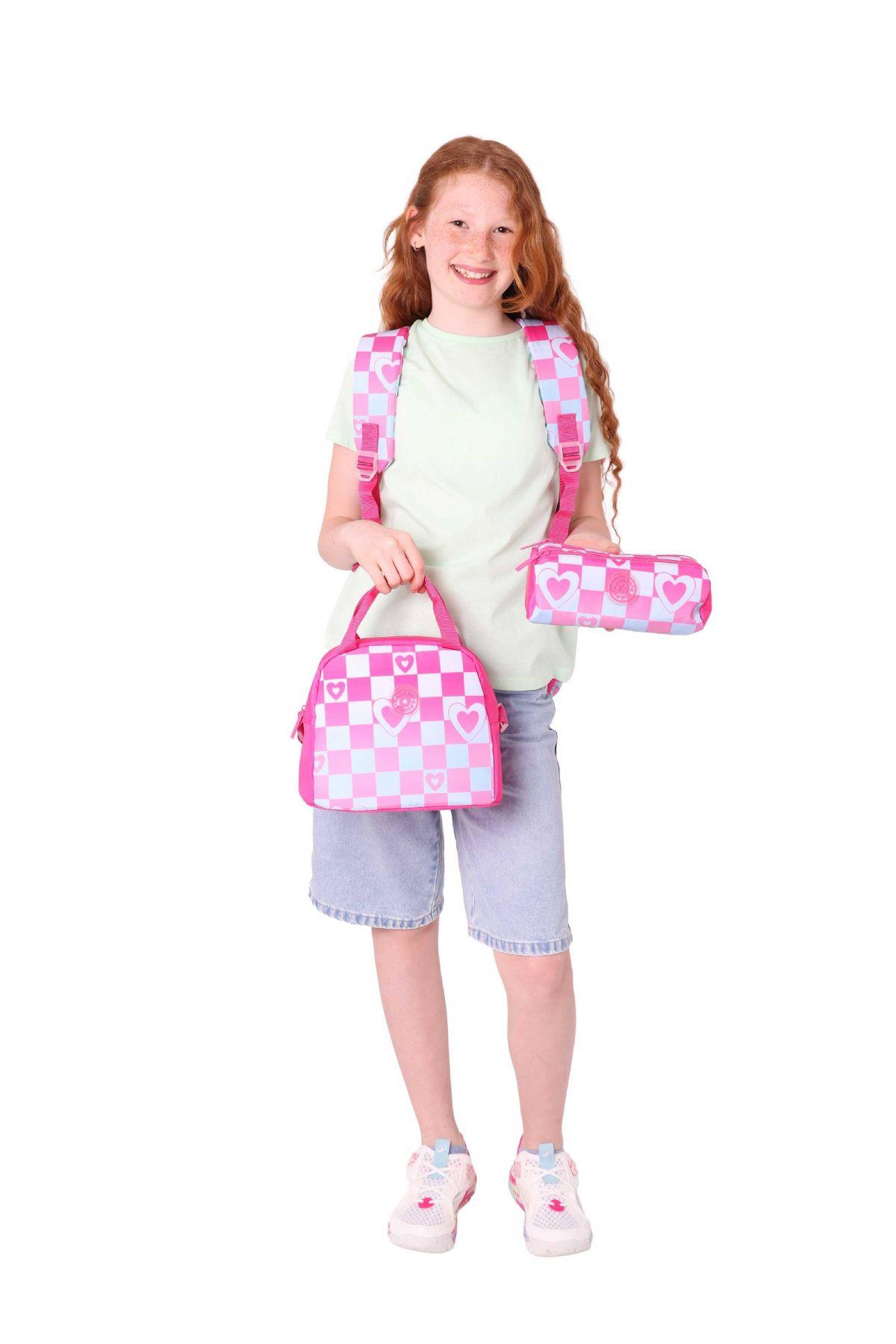 Kaukko Nature Üçlü Kız Çocuk Okul Çanta Seti - Pembe - Dama ve Kalp Desenli
