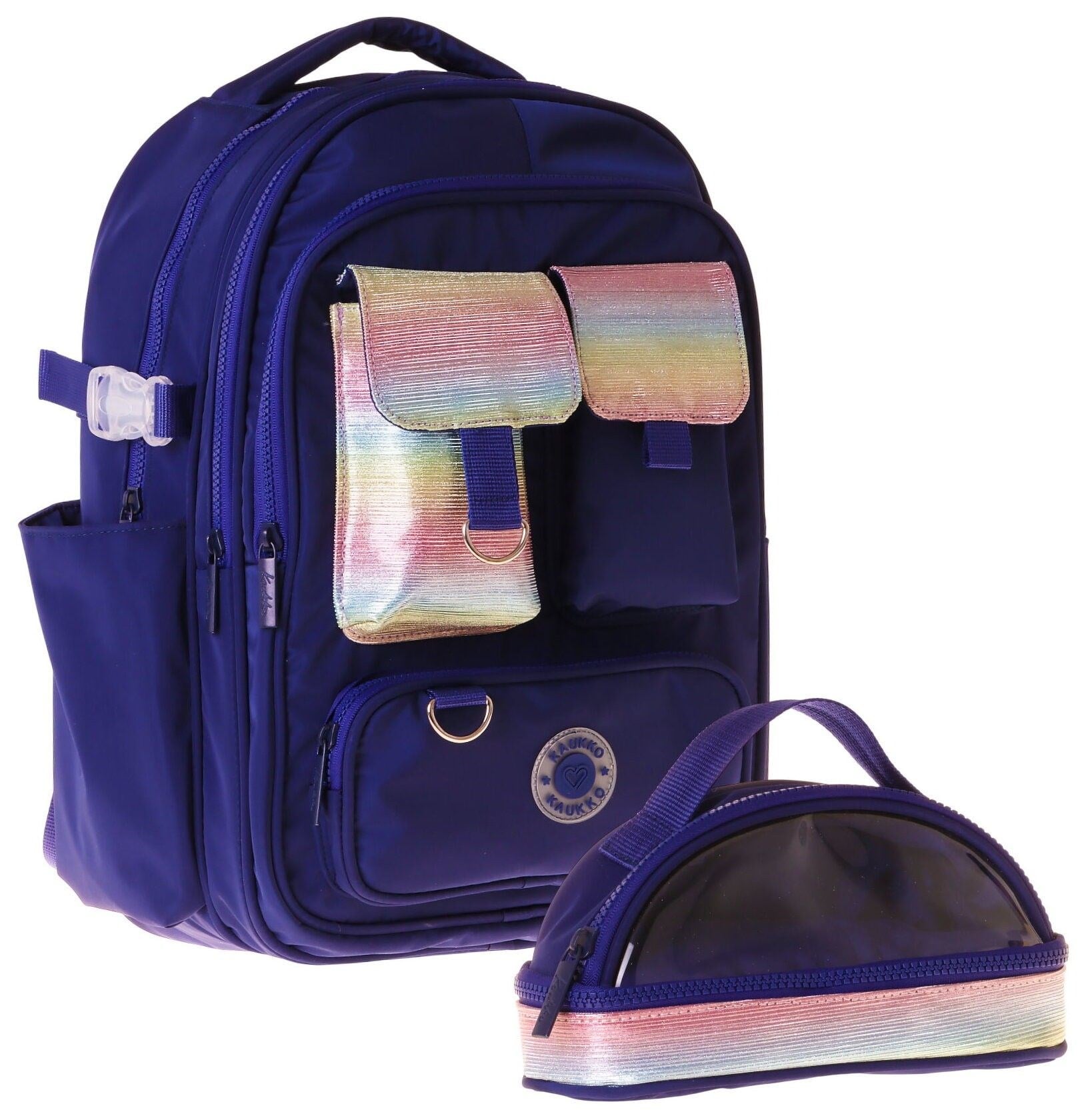 Kaukko Navy Blue Rainbow Kız Çocuk Lacivert - Çok Renkli Okul Sırt Çantası ve Kalem Çantası Seti - SETKK-K1863C