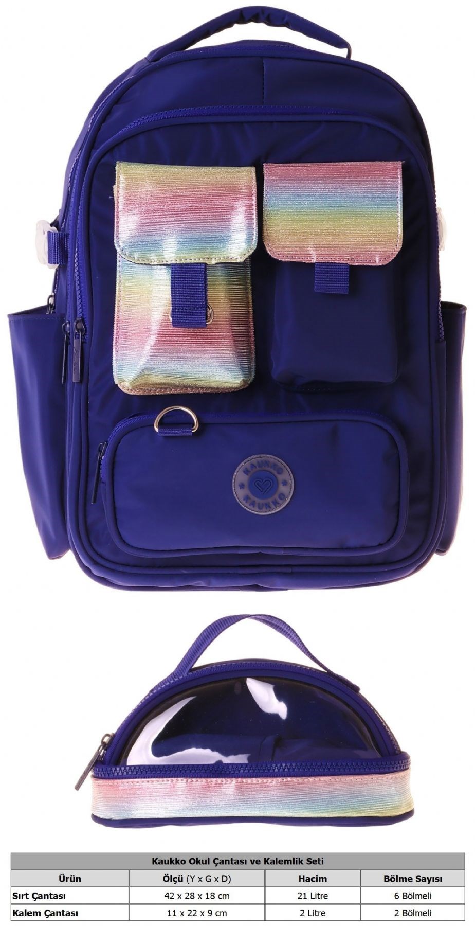 Kaukko Navy Blue Rainbow Kız Çocuk Lacivert - Çok Renkli Okul Sırt Çantası ve Kalem Çantası Seti - SETKK-K1863C