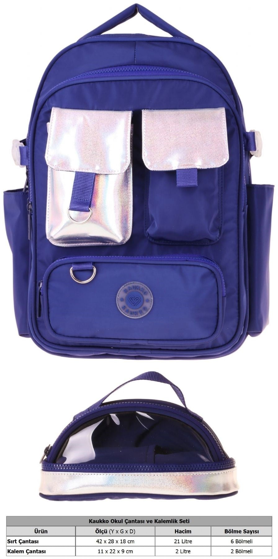 Kaukko Navy Blue Silver Kız Çocuk Lacivert - Gümüş Okul Sırt Çantası ve Kalem Çantası Seti - SETKK-K1861C