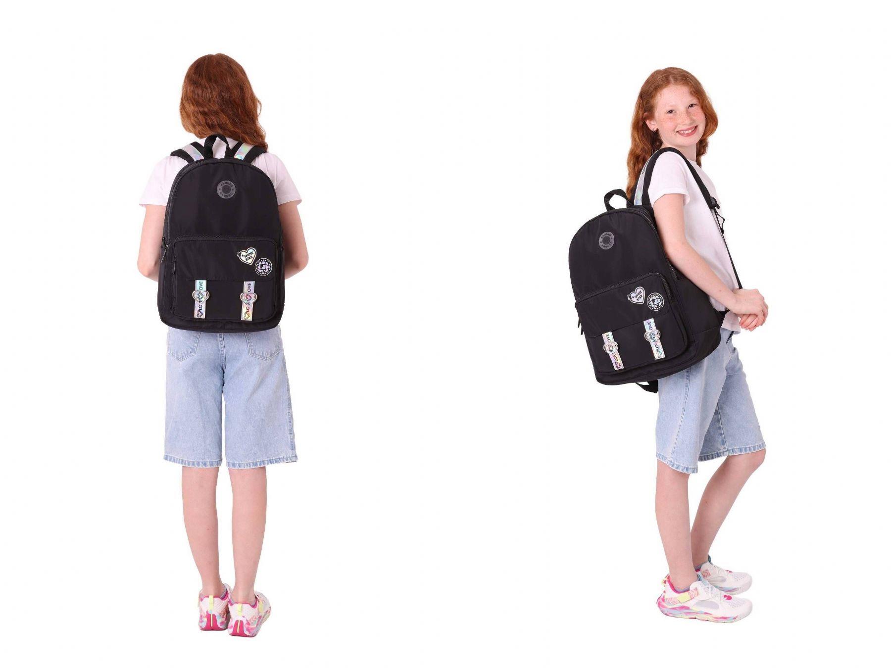 Kaukko Parlak Love Şeritli Siyah Okul Çantası ve Cüzdan Tipi Kalemlik Seti (KK-K1841+KK-K2752)