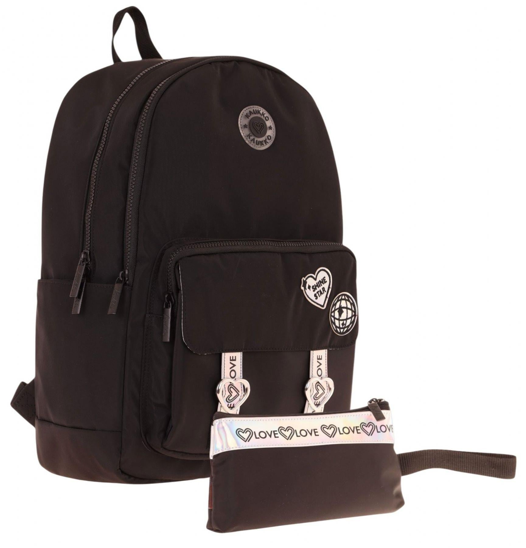 Kaukko Parlak Love Şeritli Siyah Okul Çantası ve Cüzdan Tipi Kalemlik Seti (KK-K1841+KK-K2752)
