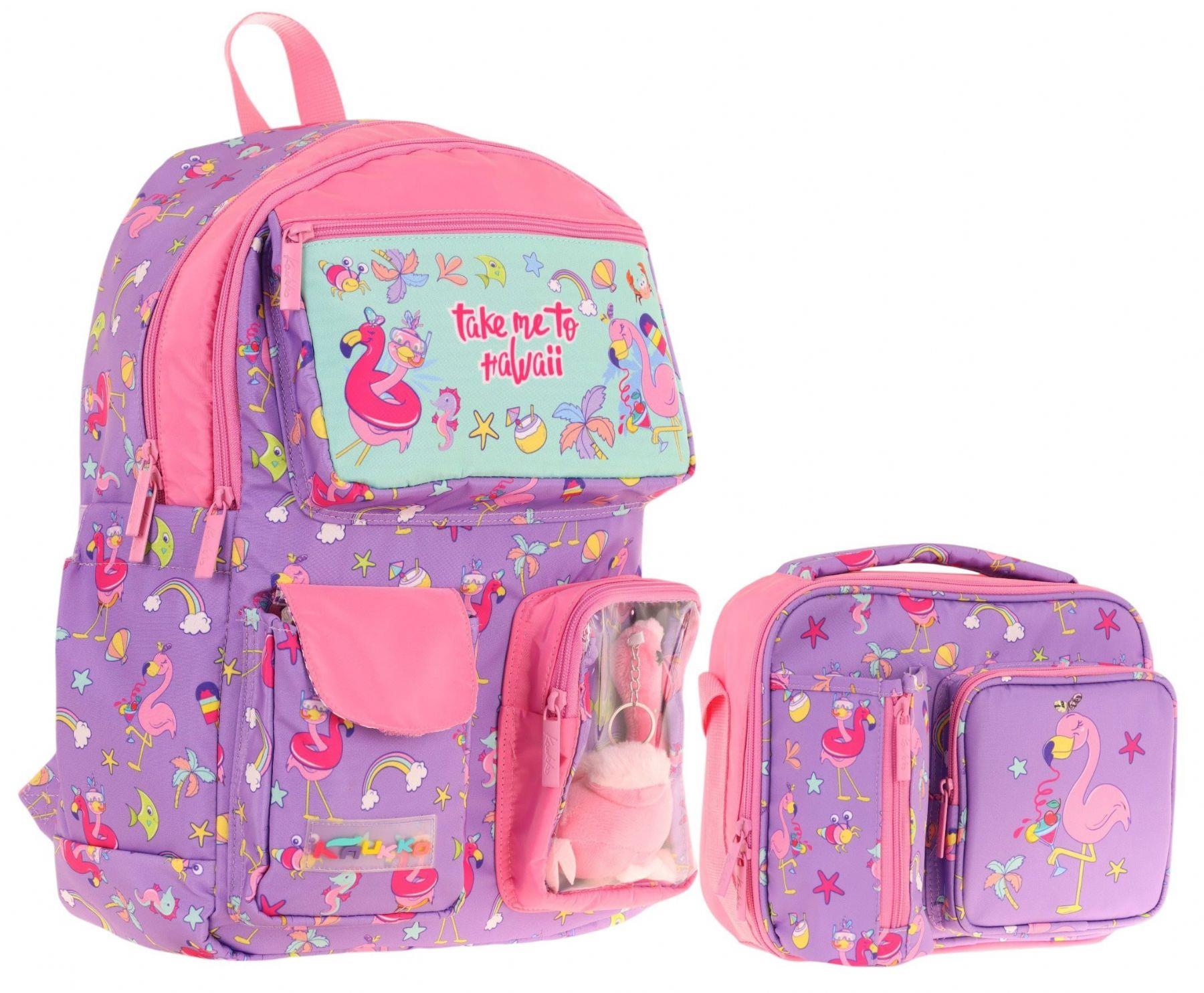 Kaukko Peluş Flamingolu Mor Pembe Kız ÇocukLar İçin Okul Çantası ve Beslenme Çantası Seti (L5240+L7240)