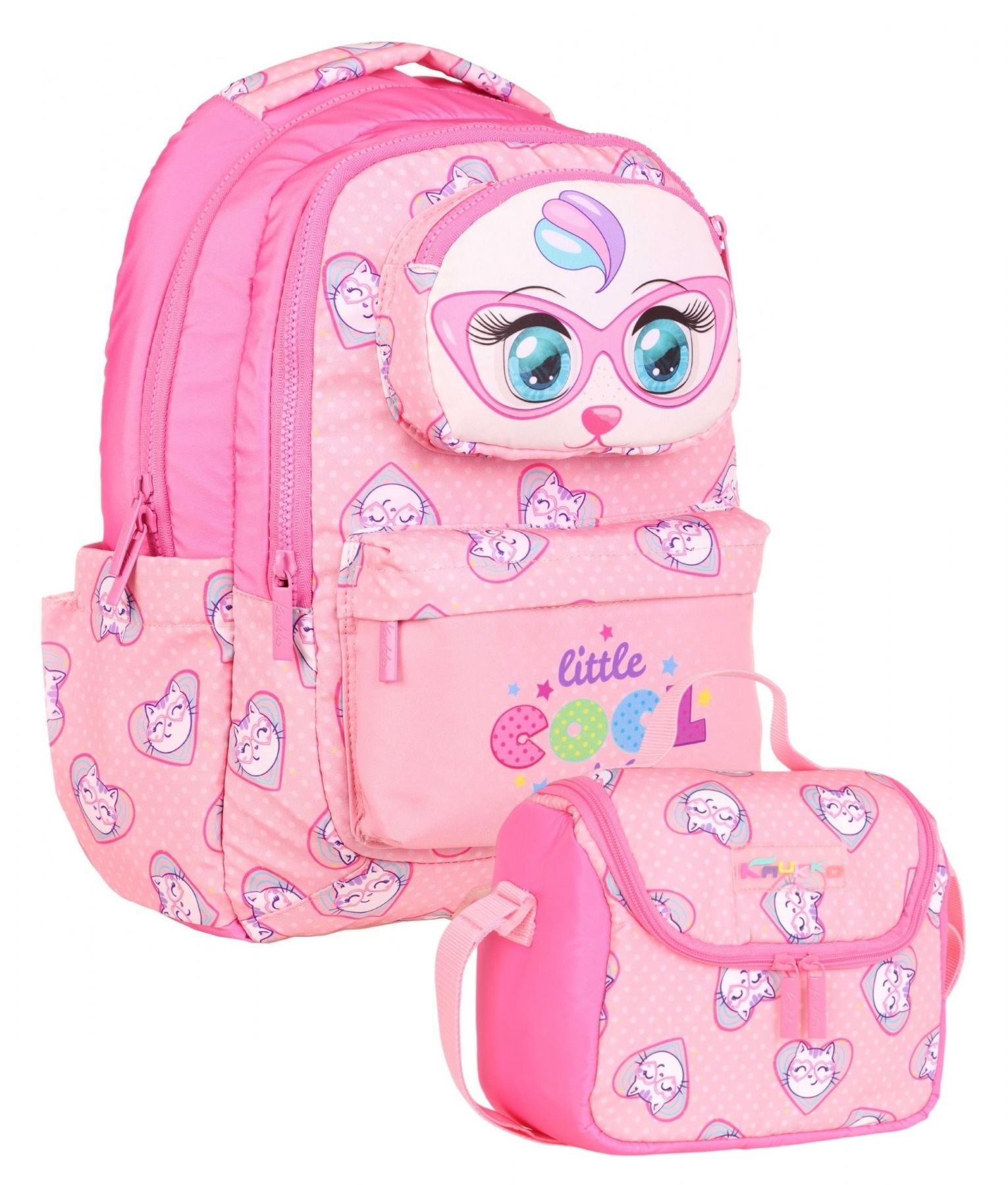 Kaukko Pembe Flamingo Desenli Dört Bölmeli İlkokul Çantası ve Beslenme Çantası Seti - STKK-L5157B