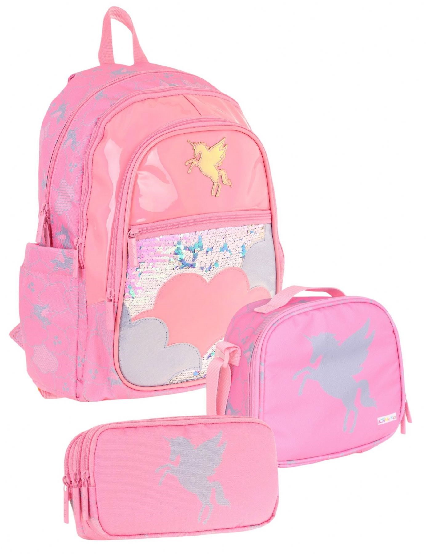 Kaukko Pembe Pullu Bulut ve Pegasus Desenli Kız Çocuk İlkokul Üçlü Okul Çanta Seti STKK-L5218A