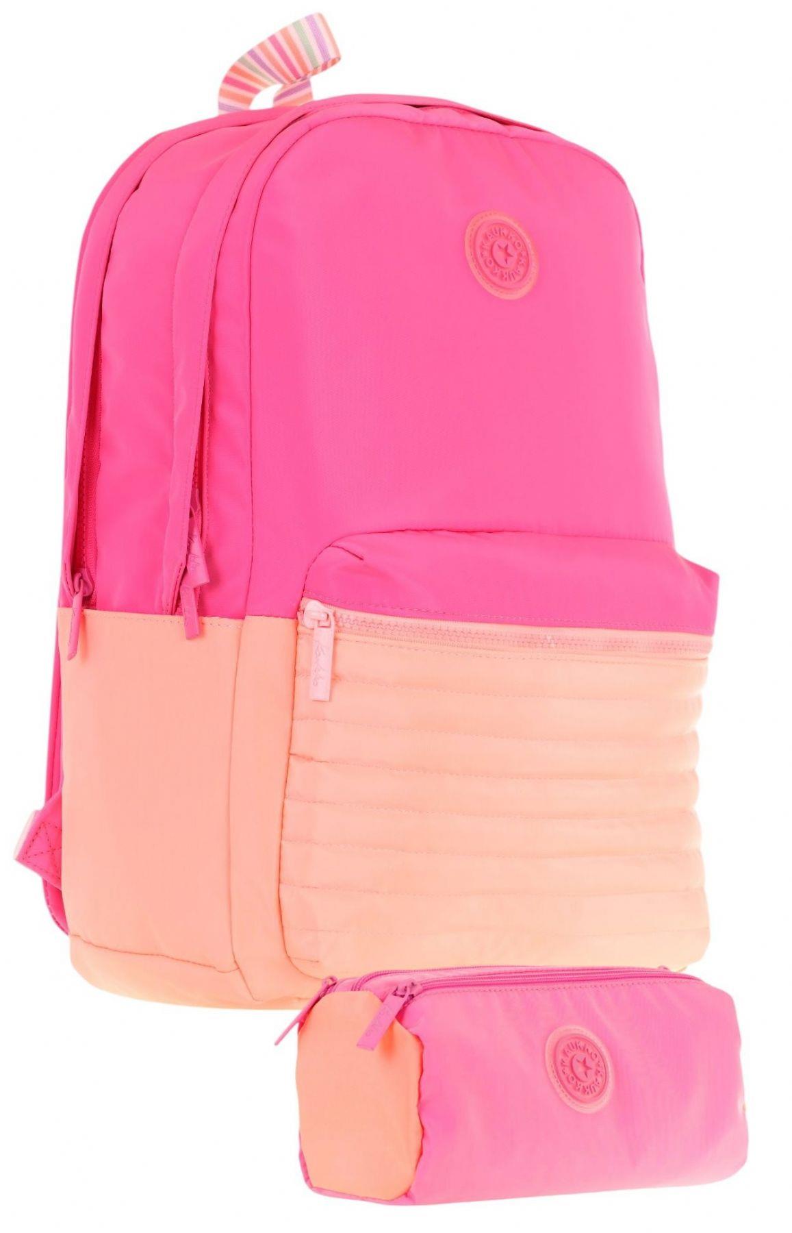 Kaukko Quick Kapitone Detaylı Pembe Turuncu Kız Çocuk Okul Çantası ve Kalemlik Okul Seti