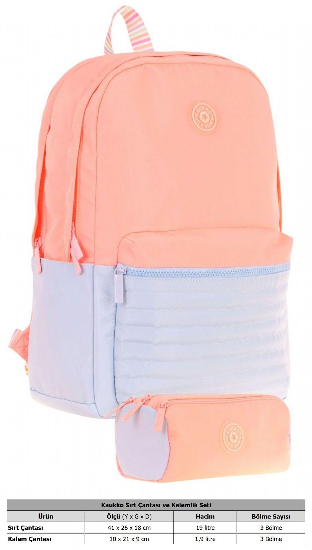 Kaukko Quick Kapitone Detaylı Somon Kız Çocuk Okul Çantası ve Kalemlik Okul Seti
