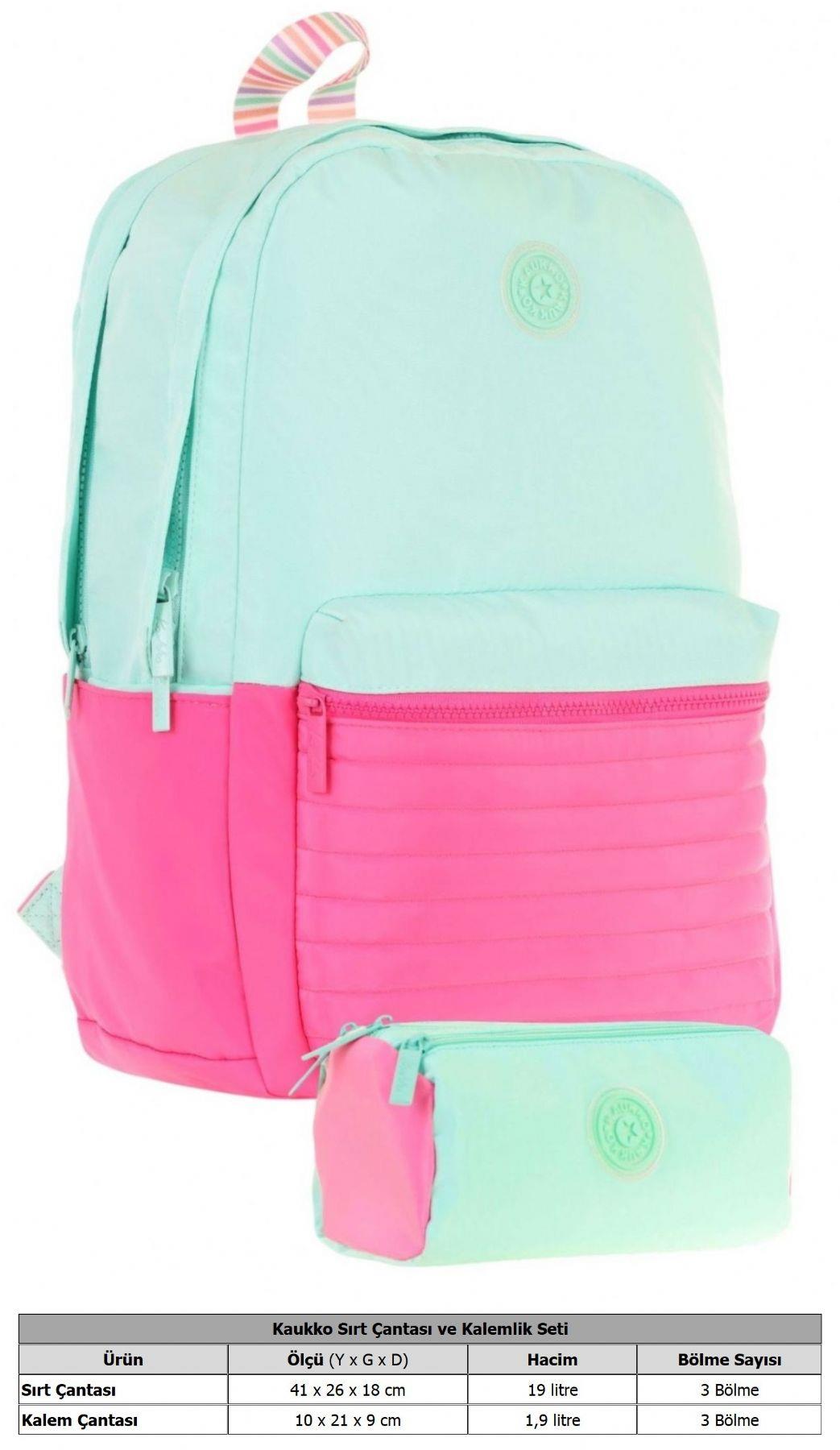 Kaukko Quick Kapitone Detaylı Yeşil Pembe Kız Çocuk Okul Çantası ve Kalemlik Okul Seti