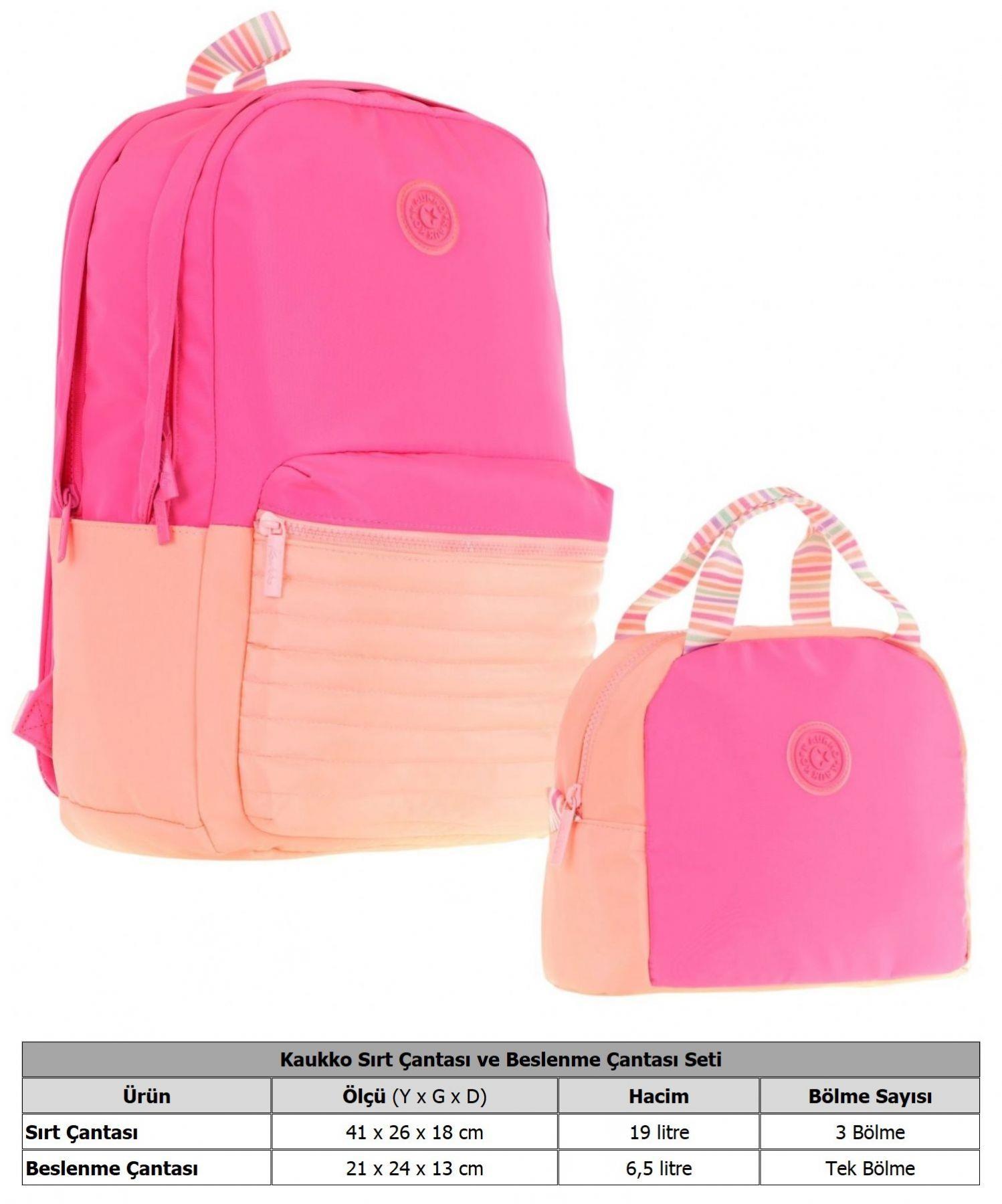 Kaukko Quick Pembe Turuncu Kapitone Detaylı Okul Çantası ve Isı Yalıtımlı Beslenme Seti - Kız Çocuk