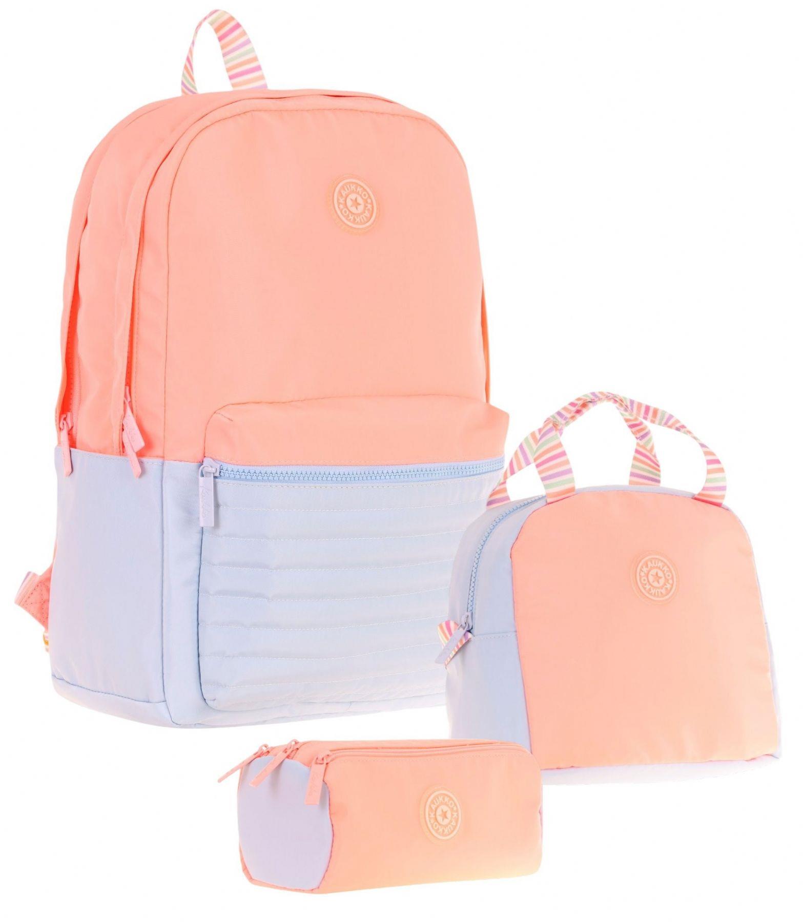 Kaukko Quick Üçlü Kız Çocuk Okul Çanta Seti - Somon - Kapitone Detaylı