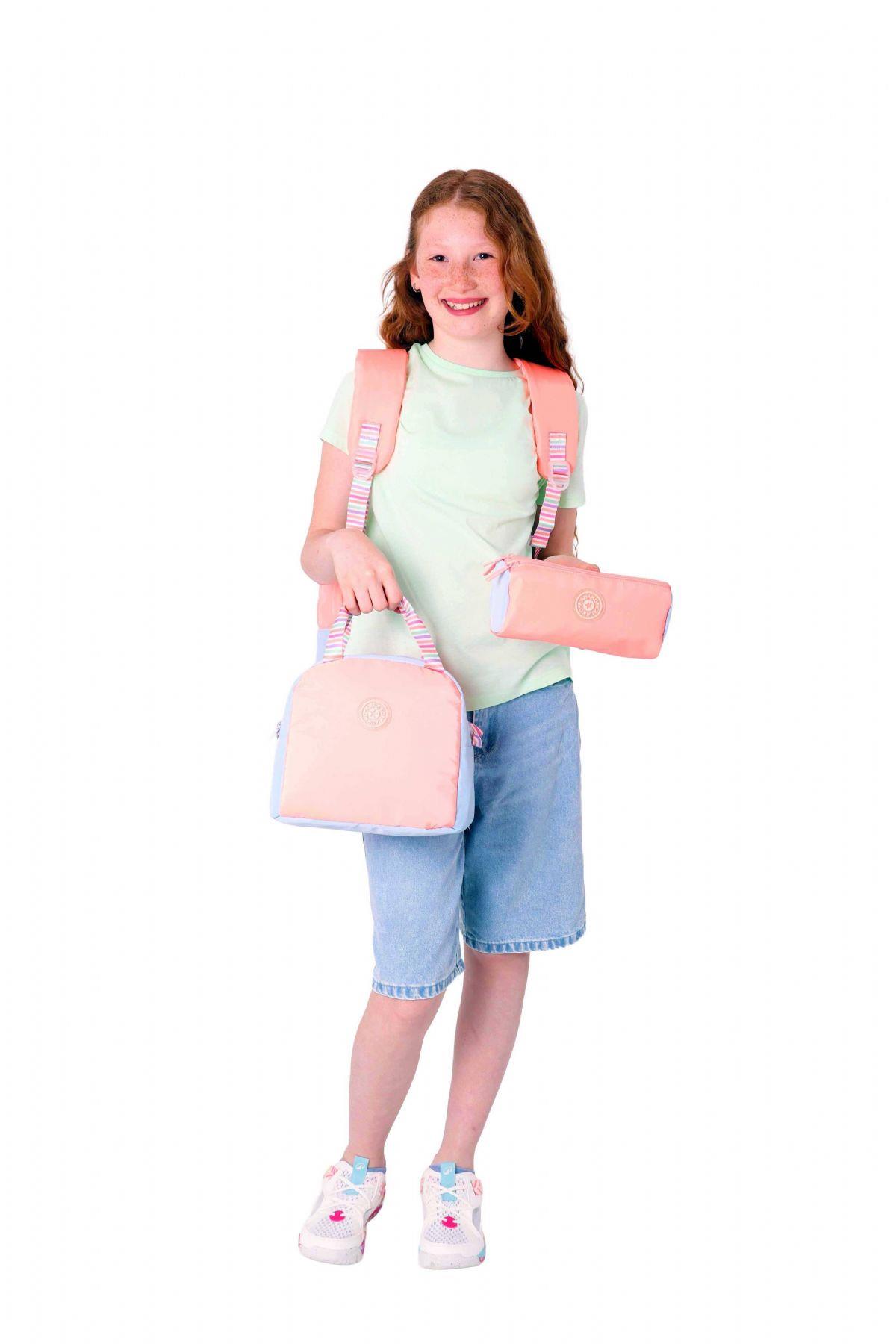 Kaukko Quick Üçlü Kız Çocuk Okul Çanta Seti - Somon - Kapitone Detaylı