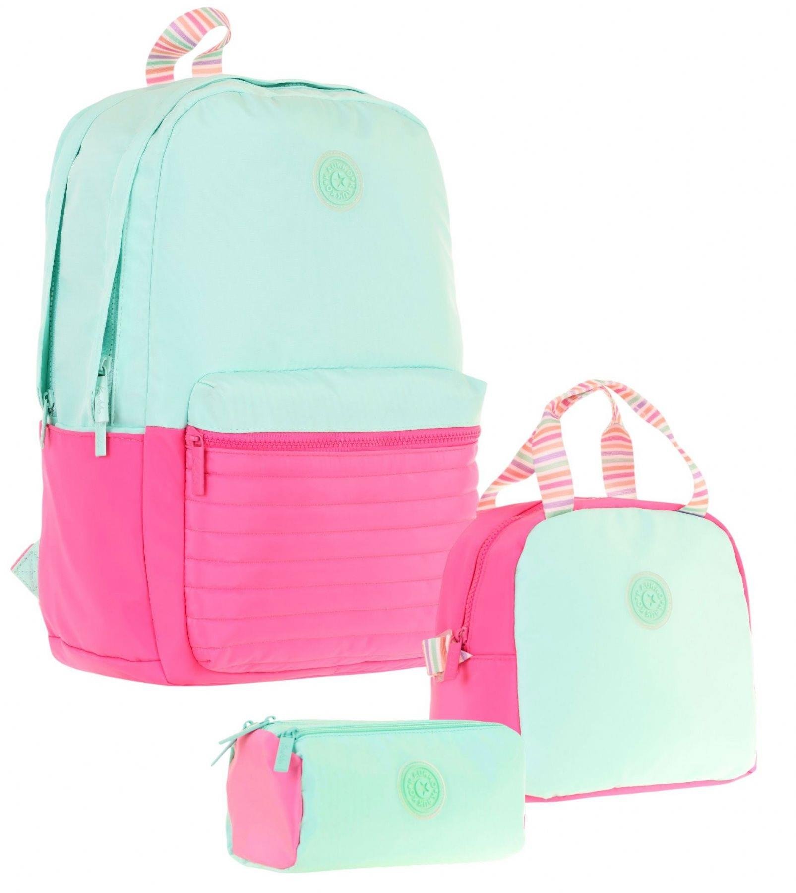 Kaukko Quick Üçlü Kız Çocuk Okul Çanta Seti - Yeşil Pembe - Kapitone Detaylı