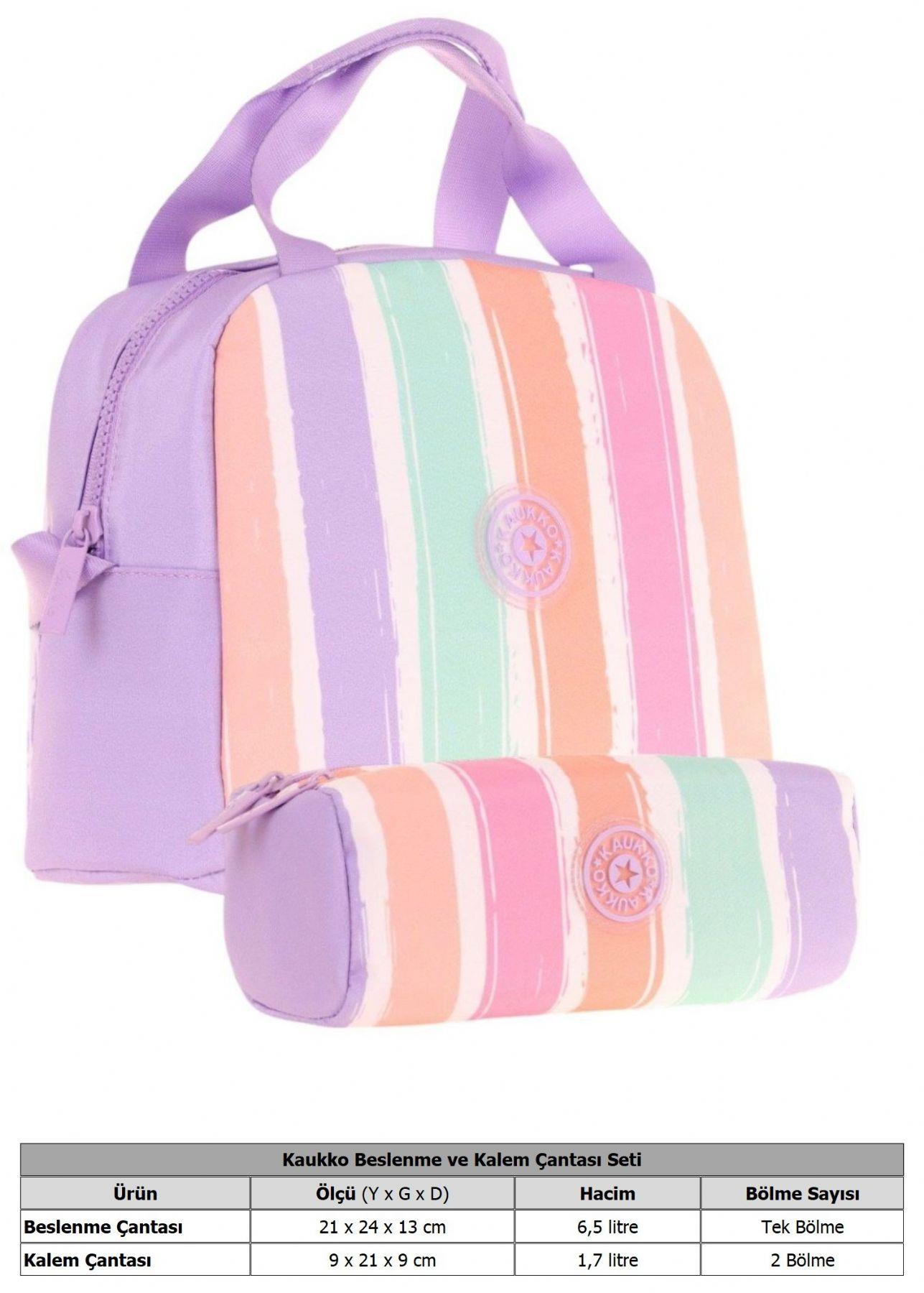Kaukko Rainbow Beslenme Çantası + Kalemlik Seti Mor Çok Renkli, Çizgili, Kız Çocuk