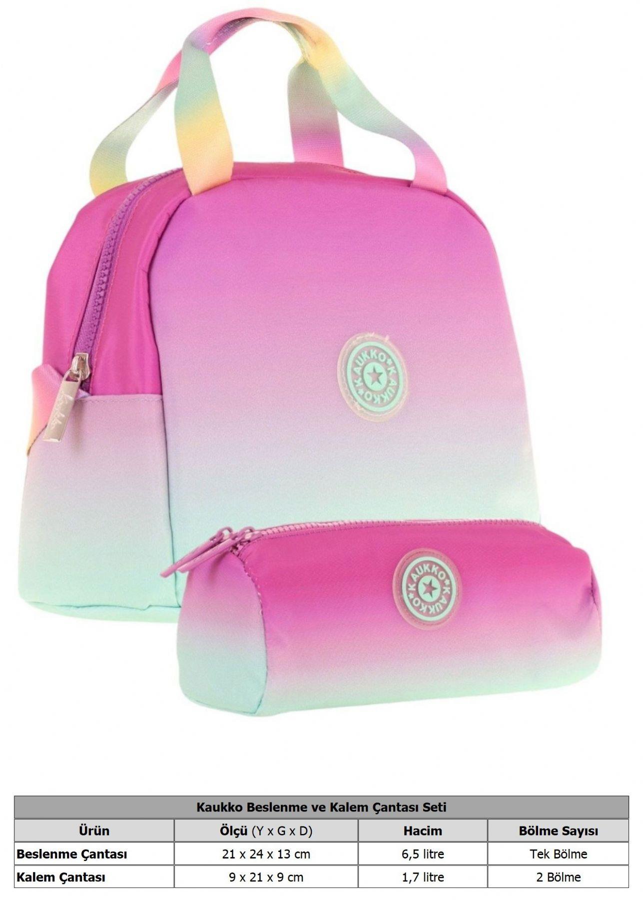 Kaukko Rainbow Beslenme Çantası + Kalemlik Seti Pembe Yeşil, Renk Geçişli, Kız Çocuk