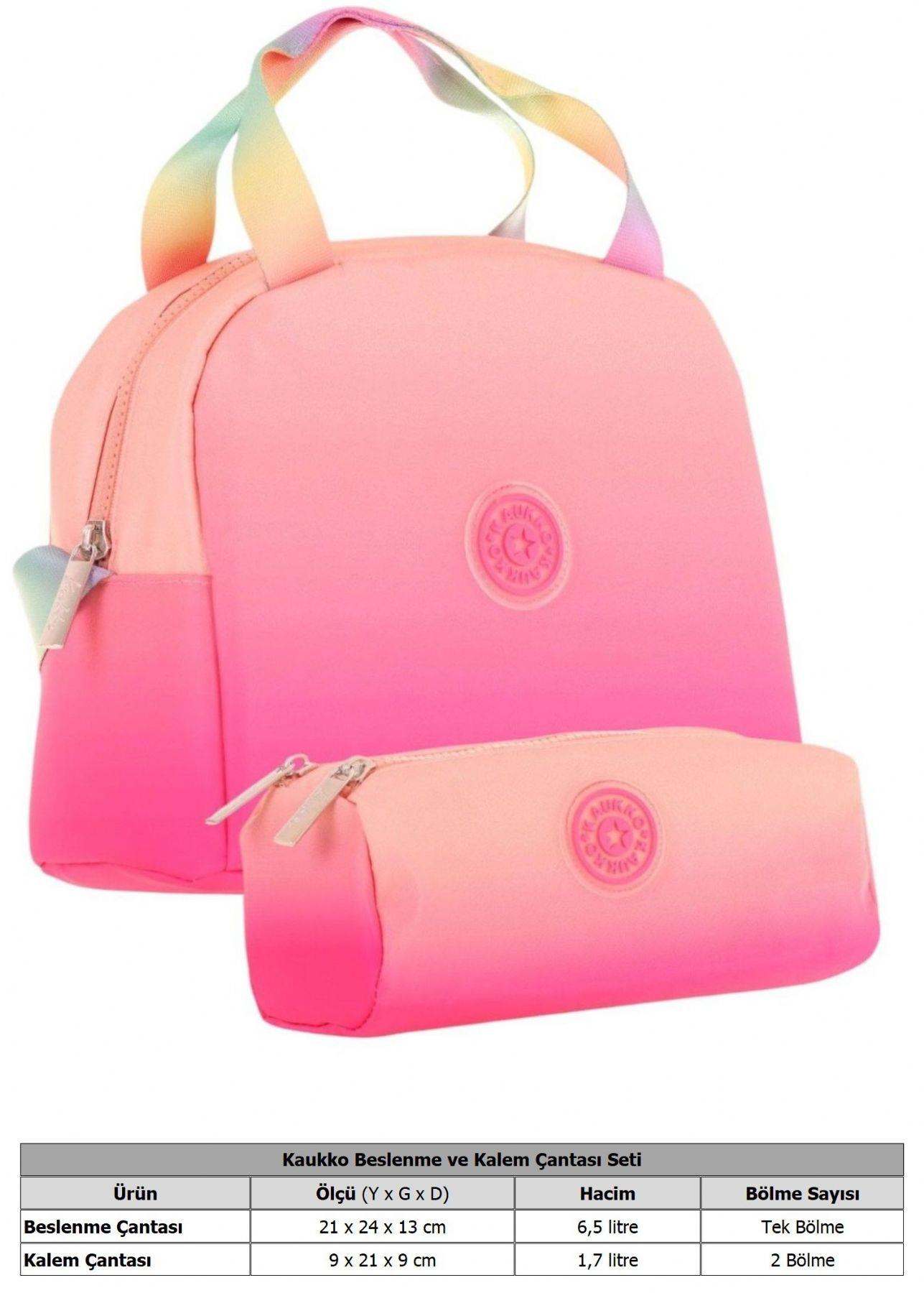 Kaukko Rainbow Beslenme Çantası + Kalemlik Seti Somon Pembe, Renk Geçişli, Kız Çocuk