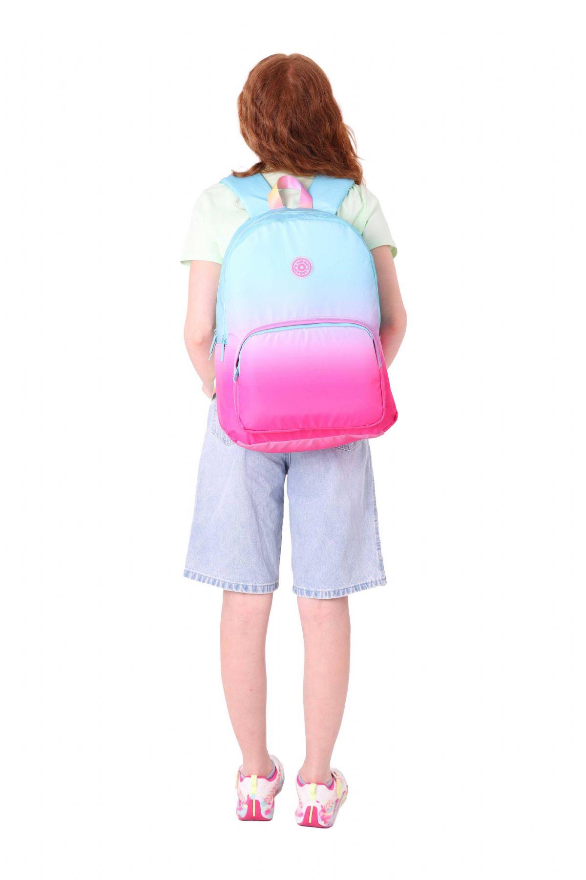 Kaukko Rainbow Kız Çocuk Üç Bölmeli İlkokul ve Ortaokul Çantası - Mavi Pembe Renk Geçişli - K1797