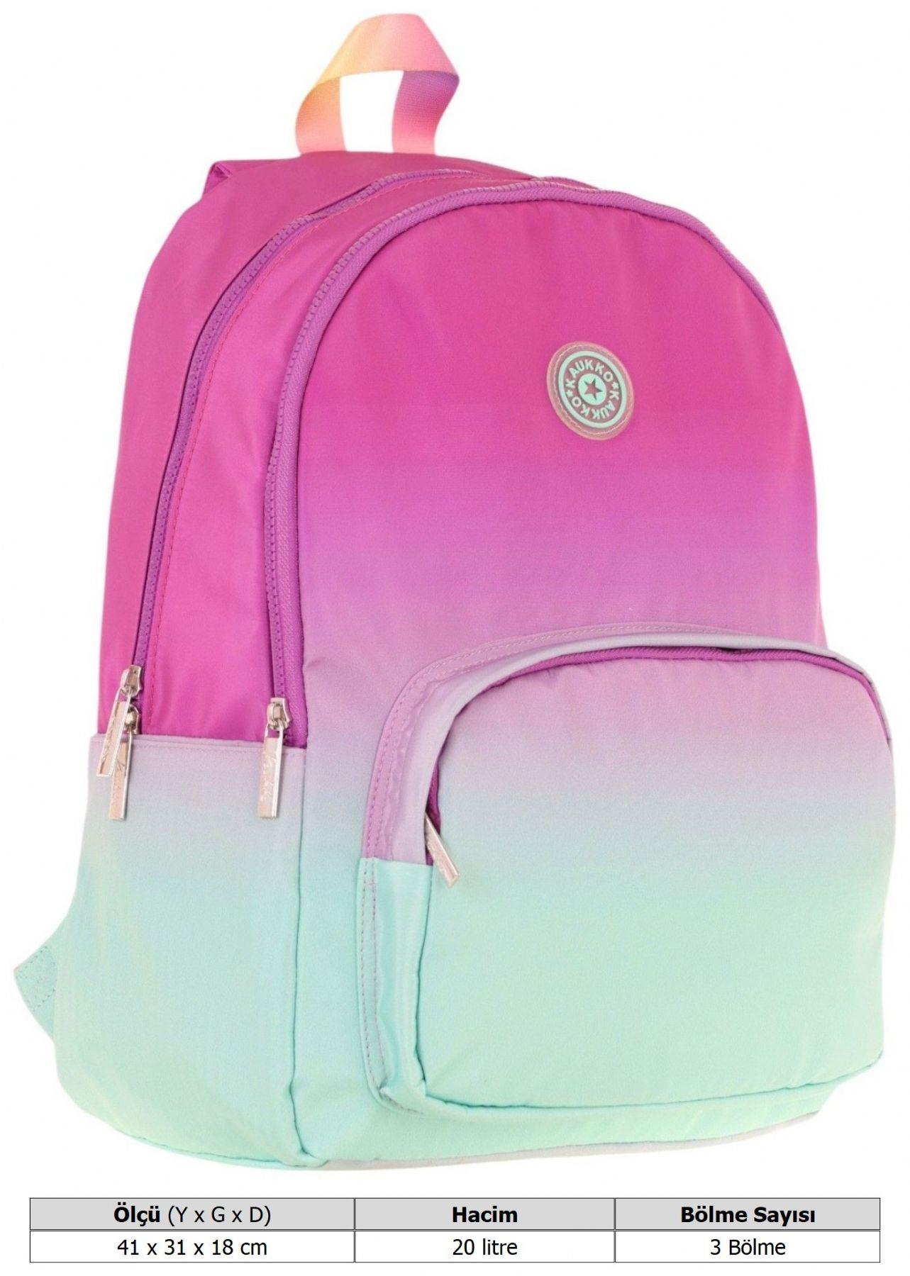 Kaukko Rainbow Kız Çocuk Üç Bölmeli İlkokul ve Ortaokul Çantası - Pembe Yeşil Renk Geçişli - K1798