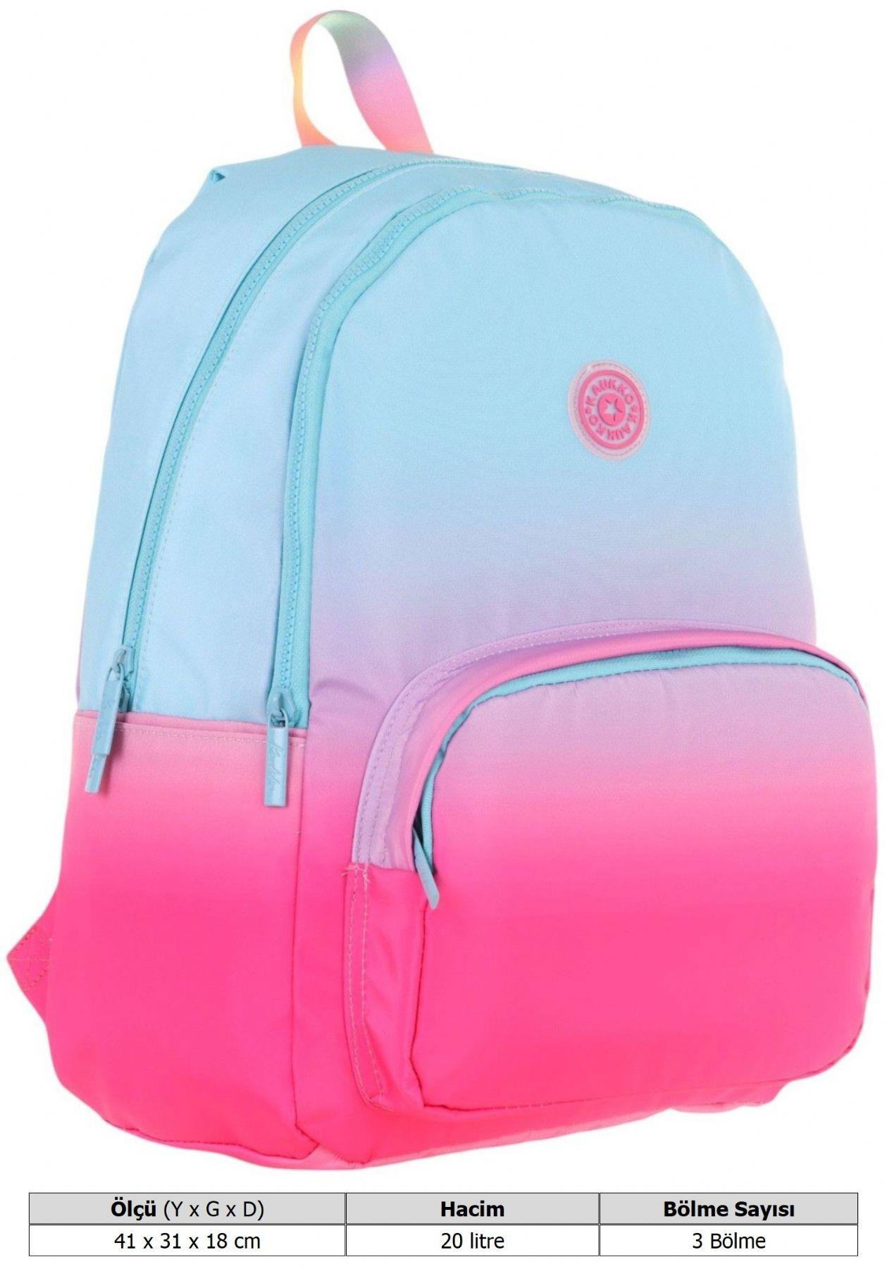 Kaukko Rainbow Kız Çocuk Üç Bölmeli İlkokul ve Ortaokul Çantası - Mavi Pembe Renk Geçişli - K1797