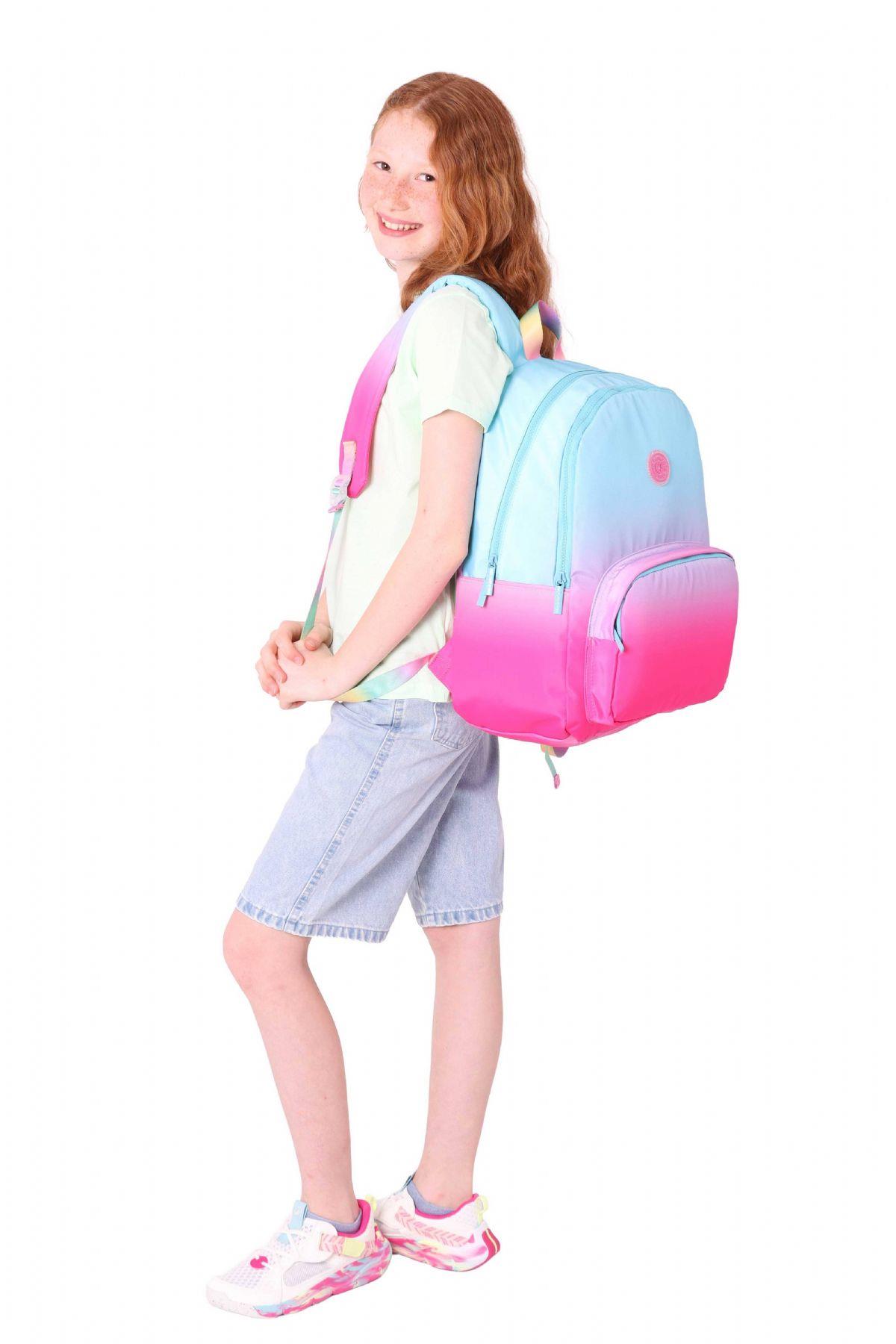 Kaukko Rainbow Kız Çocuk Üç Bölmeli İlkokul ve Ortaokul Çantası - Mavi Pembe Renk Geçişli - K1797
