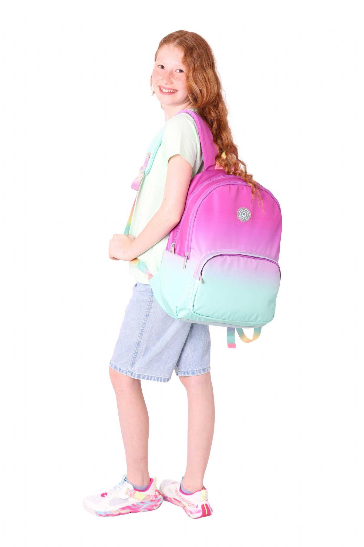 Kaukko Rainbow Kız Çocuk Üç Bölmeli İlkokul ve Ortaokul Çantası - Pembe Yeşil Renk Geçişli - K1798