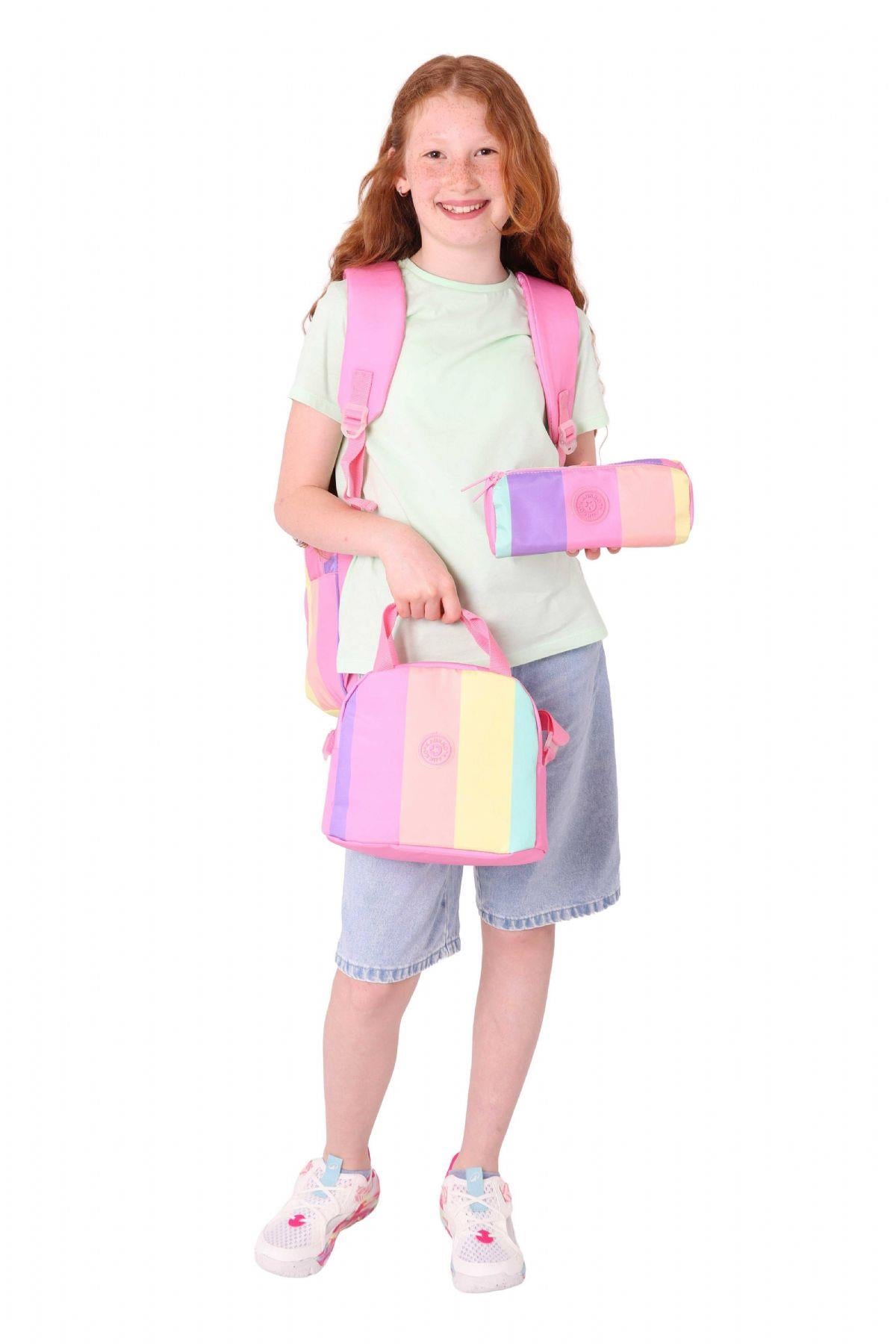 Kaukko Rainbow Pembe Çok Renkli Çizgili Kız Çocuk Üçlü İlkokul ve Ortaokul Çanta Seti