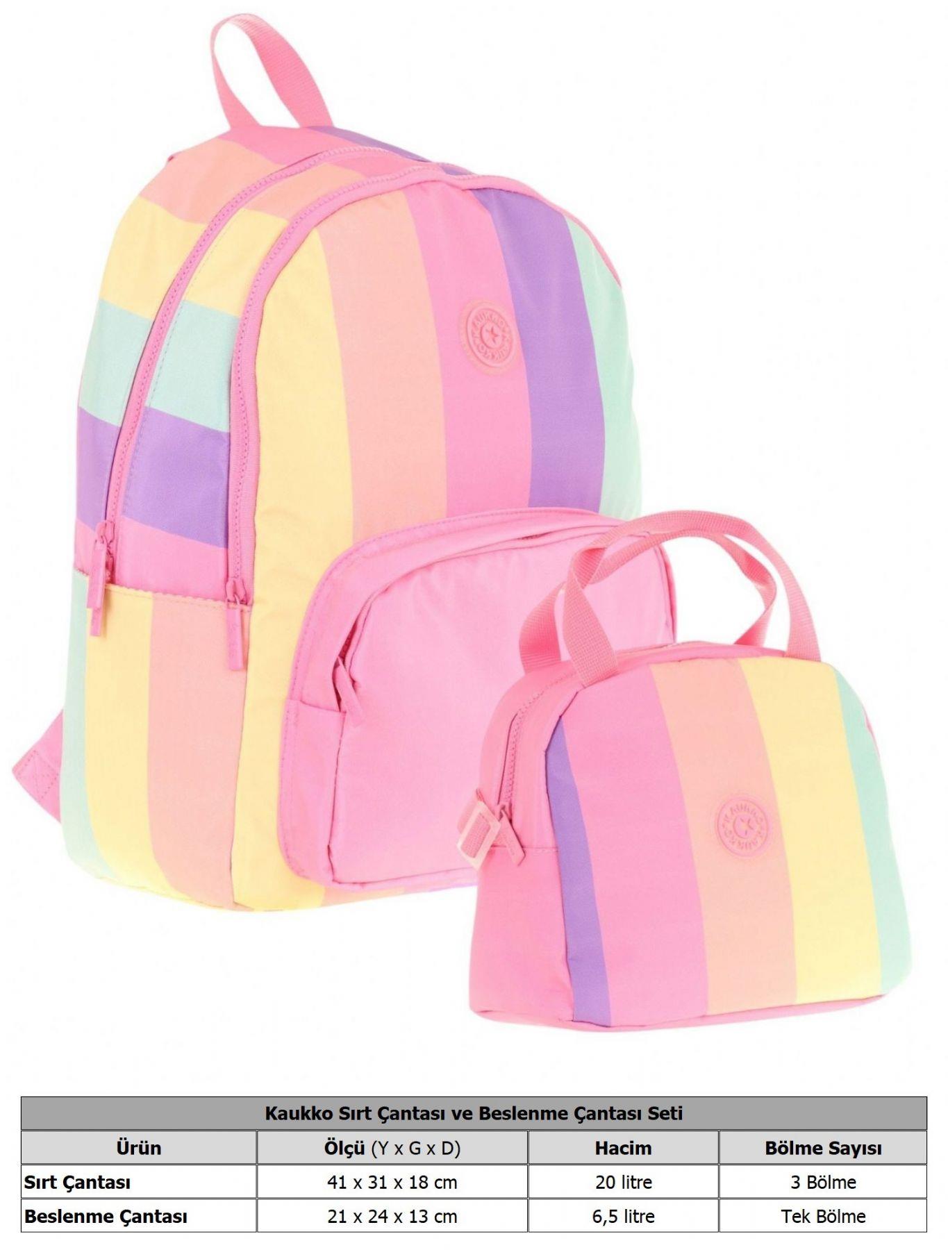 Kaukko Rainbow Üç Bölmeli İlkokul Çantası ve Beslenme Çantası Seti - Pembe Çok Renkli Çizgili