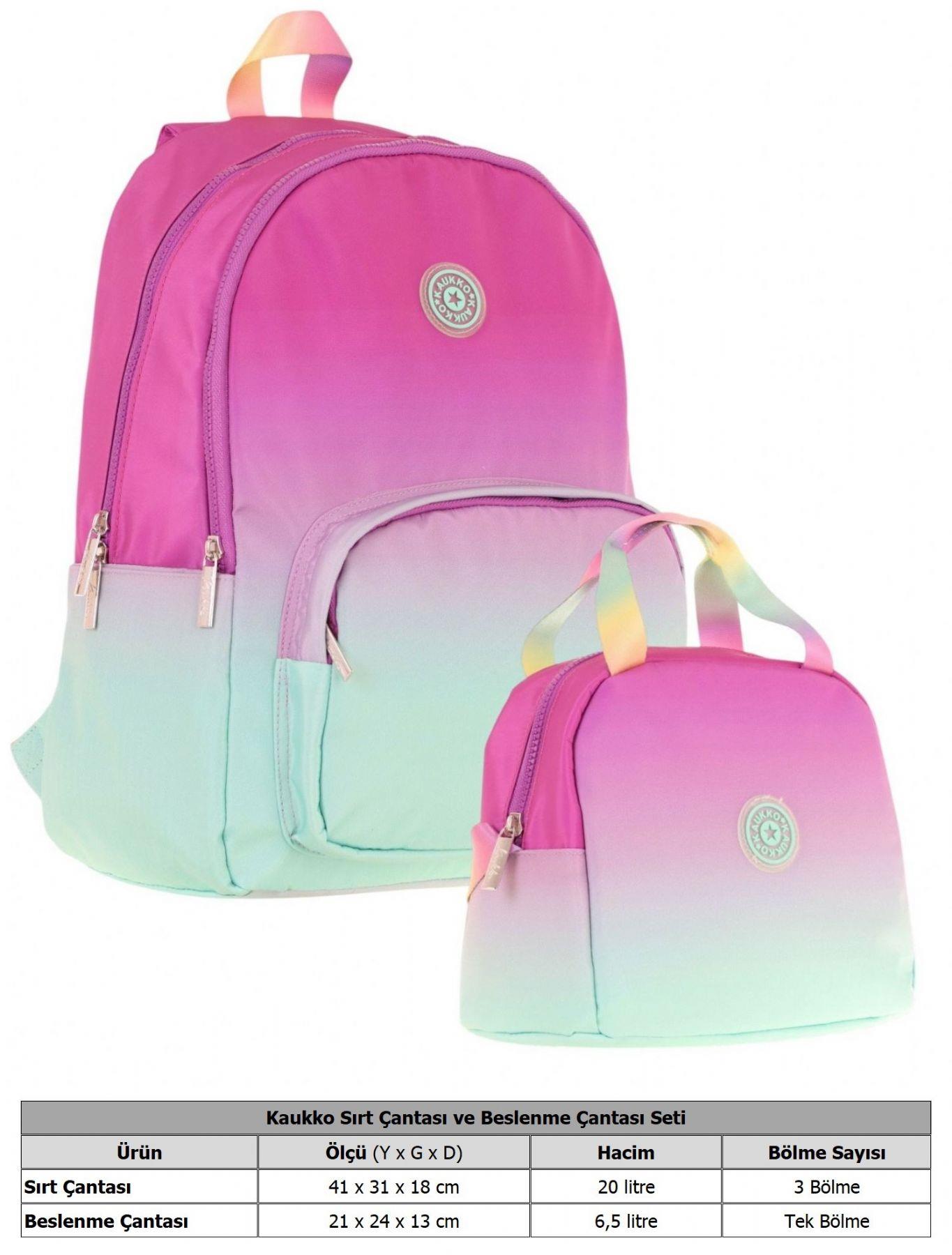Kaukko Rainbow Üç Bölmeli İlkokul Çantası ve Beslenme Çantası Seti - Pembe Yeşil Renk Geçişli