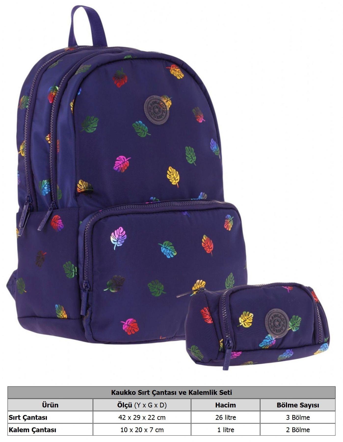 Kaukko Shine Kız Çocuk Yaprak Desenli Lacivert İlkokul, Ortaokul Sırt Çantası ve Kalemlik Seti