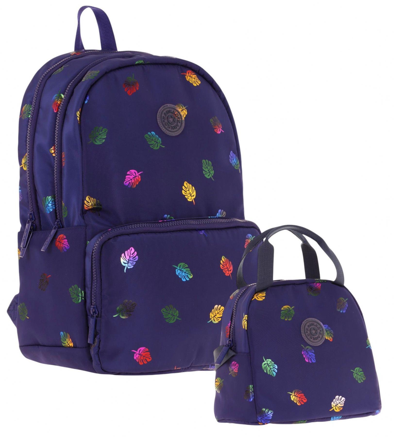Kaukko Shine Yaprak Desenli Lacivert Kız Çocuk Okul Sırt Çantası ve Beslenme Çantası Seti