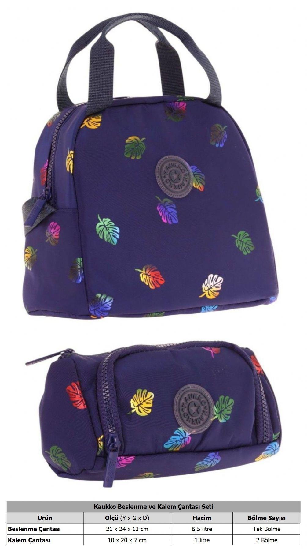 Kaukko Shine Yaprak Desenli Lacivert Kız Çocuk Beslenme Çantası ve Kalem Çantası Seti