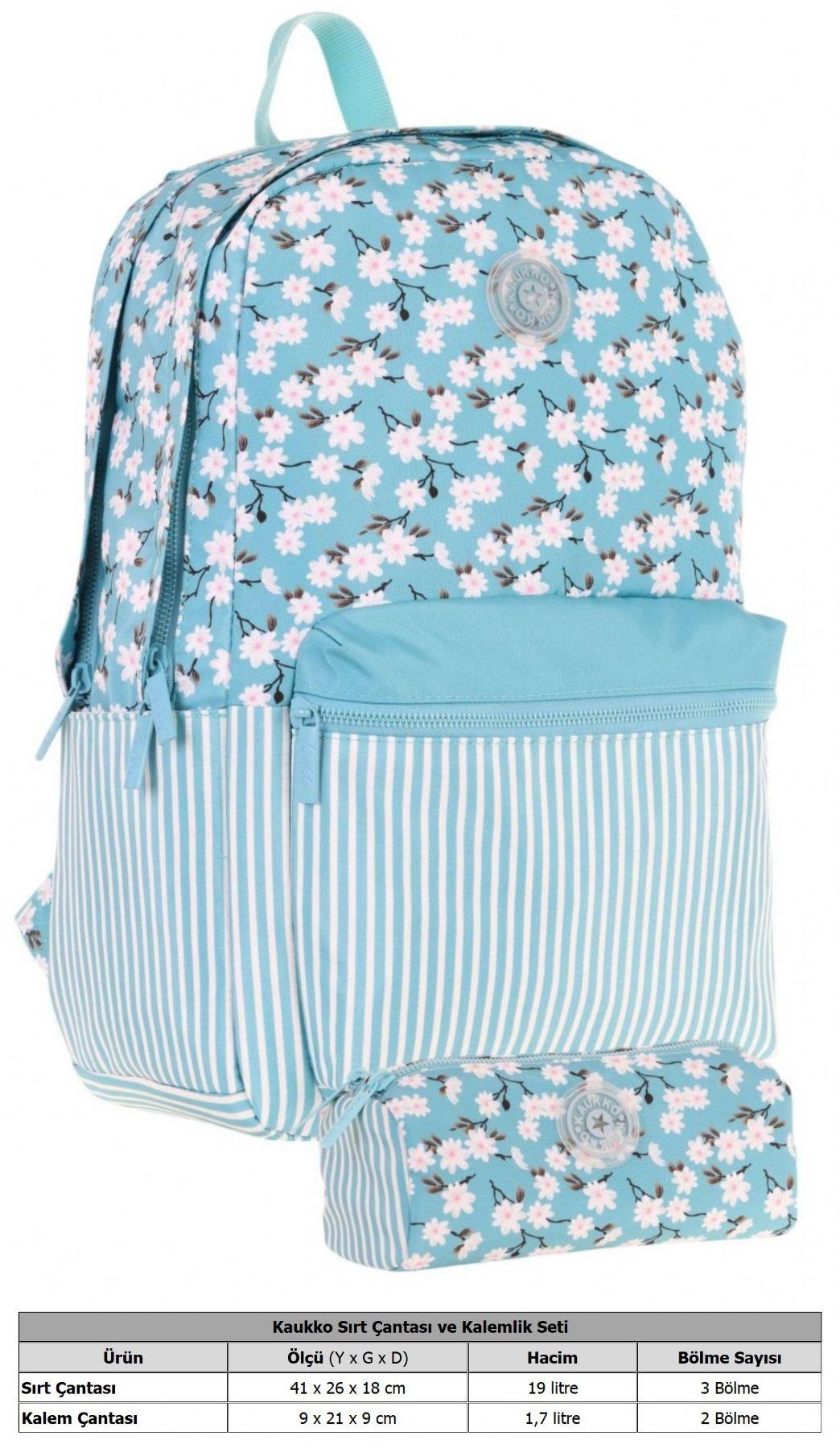 Kaukko Soft Floral Çiçek ve Çizgi Desenli Turkuaz Kız Çocuk Okul Çantası ve Kalemlik Okul Seti