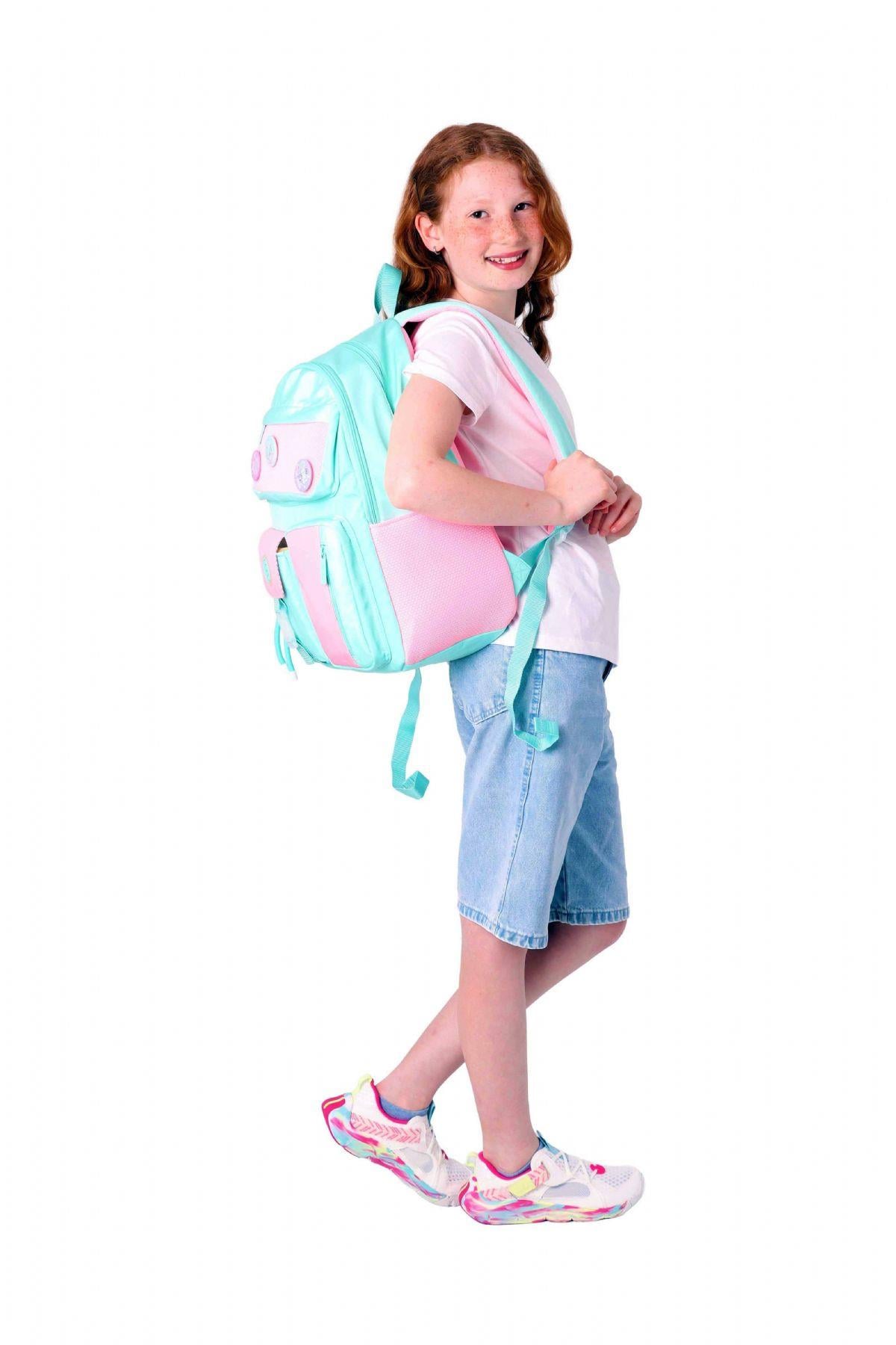 Kaukko Travel Beş Bölmeli Rozetli Kız Çocuk Okul ve Günlük Sırt Çantası - Turkuaz Pembe - K1826