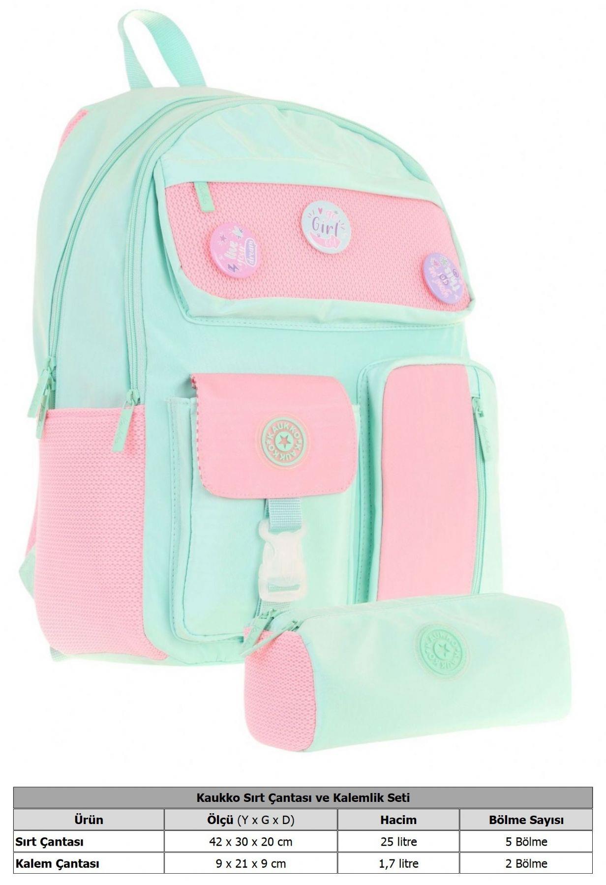 Kaukko Travel Kız Çocuk Rozetli Okul Çantası ve Kalemlik Seti - Turkuaz Pembe - Beş Bölmeli