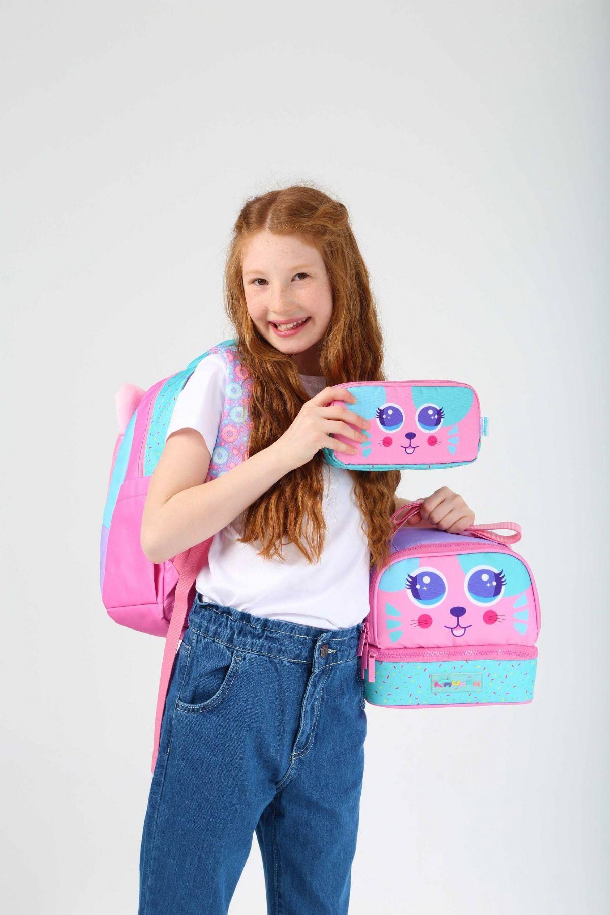 Kaukko Yeşil Pembe Sevimli Kedi Üçlü İlkokul Okul Çanta Seti - Kız Çocuk