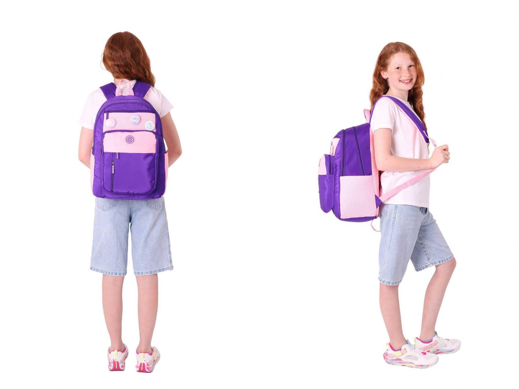 Kauko Holiday Kız Çocuk Rozetli Okul Çantası ve Kalemlik Seti - Mor Pembe - Altı Bölmeli