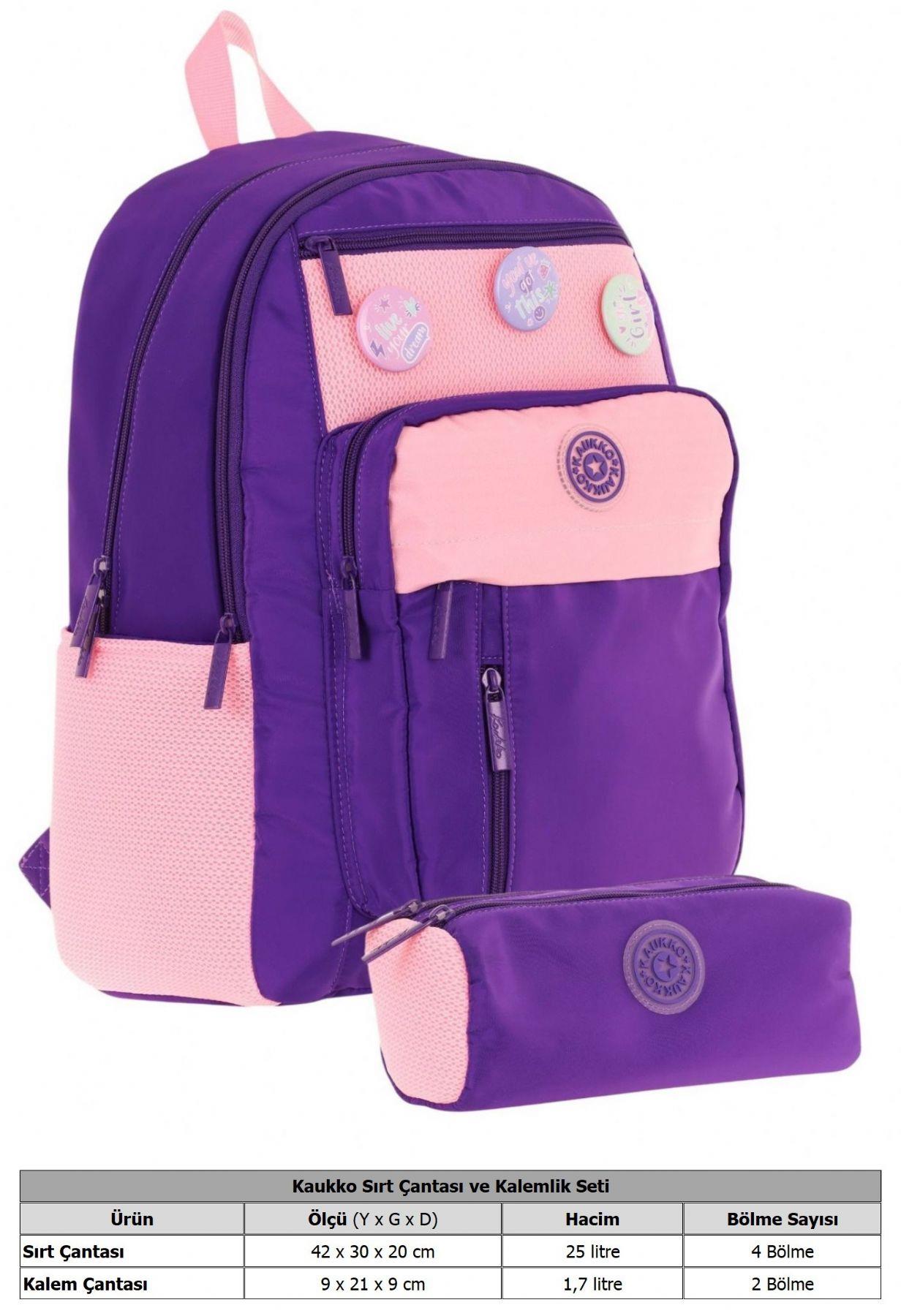 Kauko Holiday Kız Çocuk Rozetli Okul Çantası ve Kalemlik Seti - Mor Pembe - Altı Bölmeli
