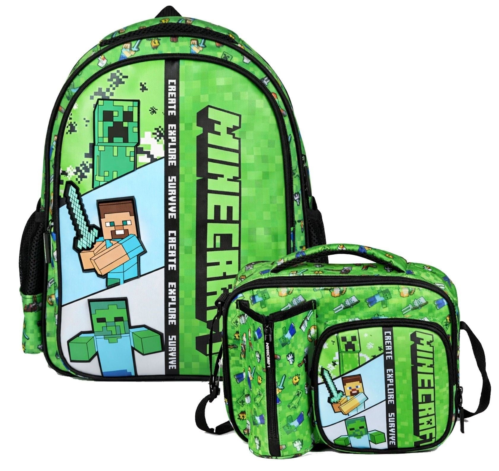 Minecraft Erkek Çocuk İlkokul Çantası ve Beslenme Çantası Seti (Minecraft Baskılı) Yeşil - SETMC26613B