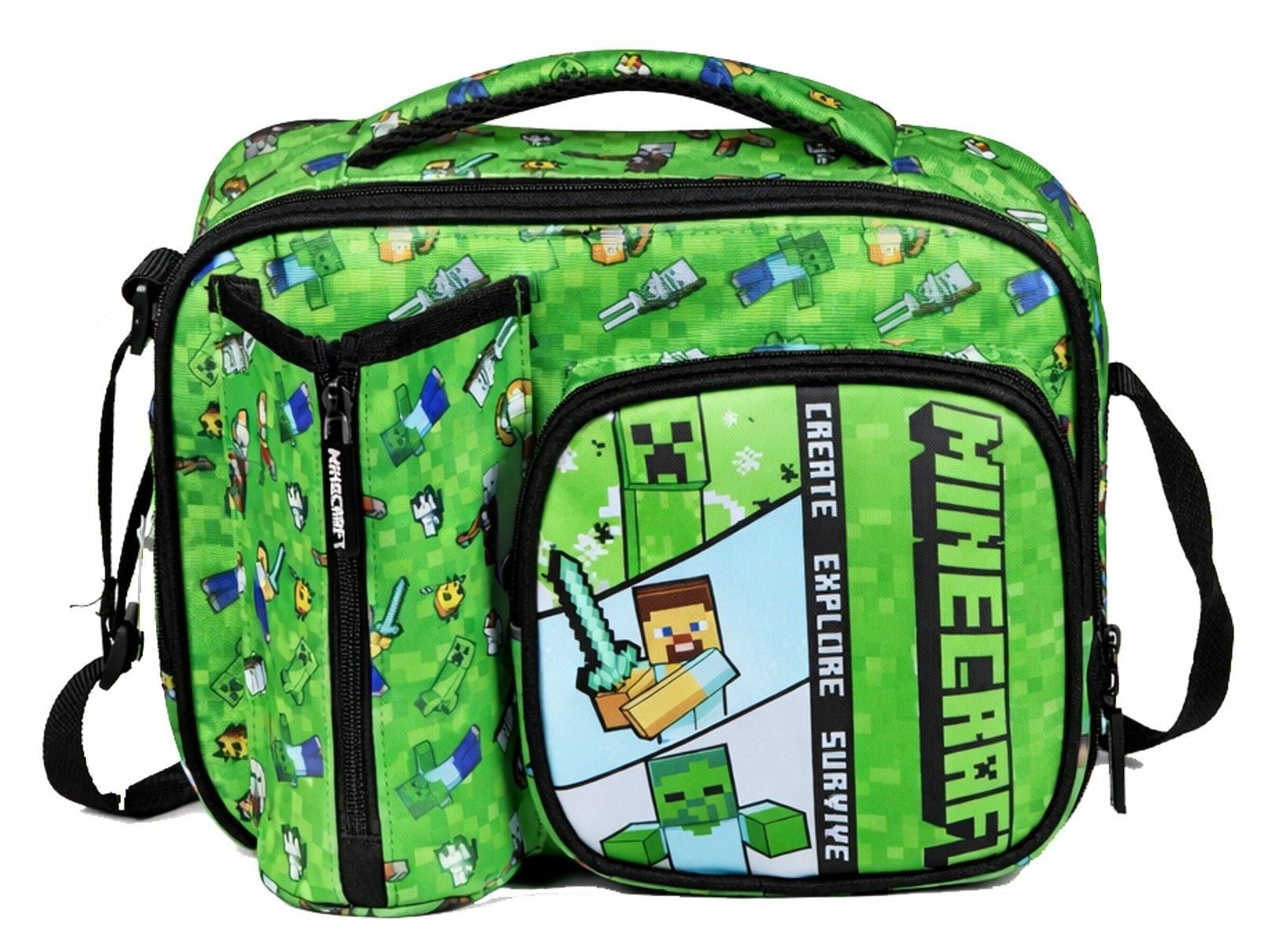 Minecraft Matara Cepli Erkek Çocuk Minecraft Baskılı (Yeşil) Okul Beslenme Çantası - 26615