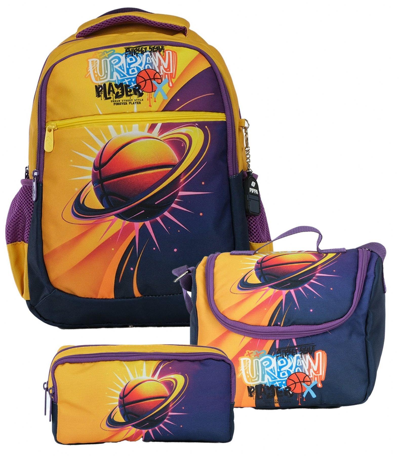 Pippa Erkek Çocuk Üç Gözlü Sarı/Siyah İlkokul Üçlü Okul Çanta Seti - Basketbol - PPSET5260