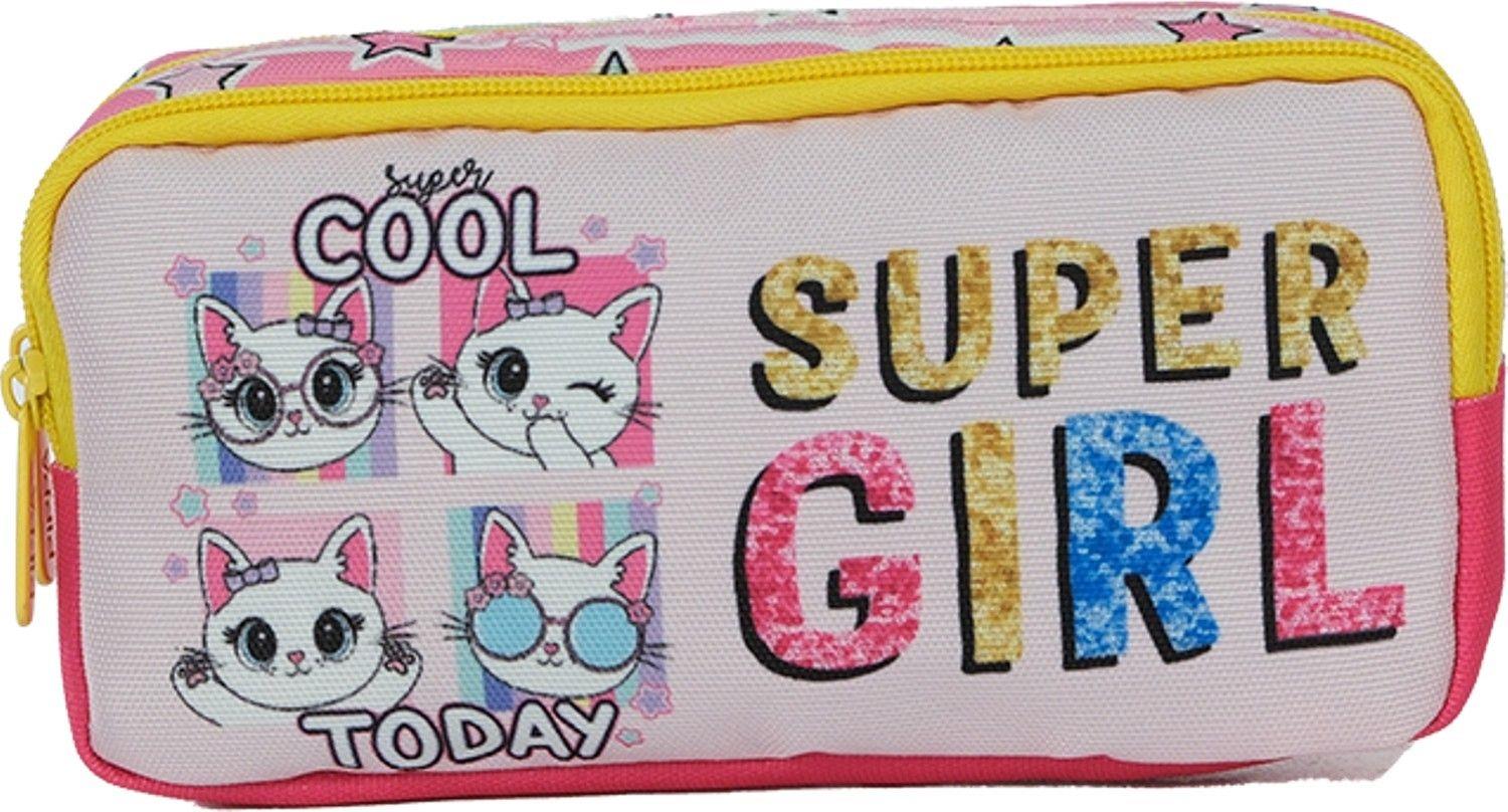 Pippa Kız Çocuk Üç Gözlü Pembe/Sarı İlkokul Üçlü Okul Çanta Seti - Super Girl - PPSET5220