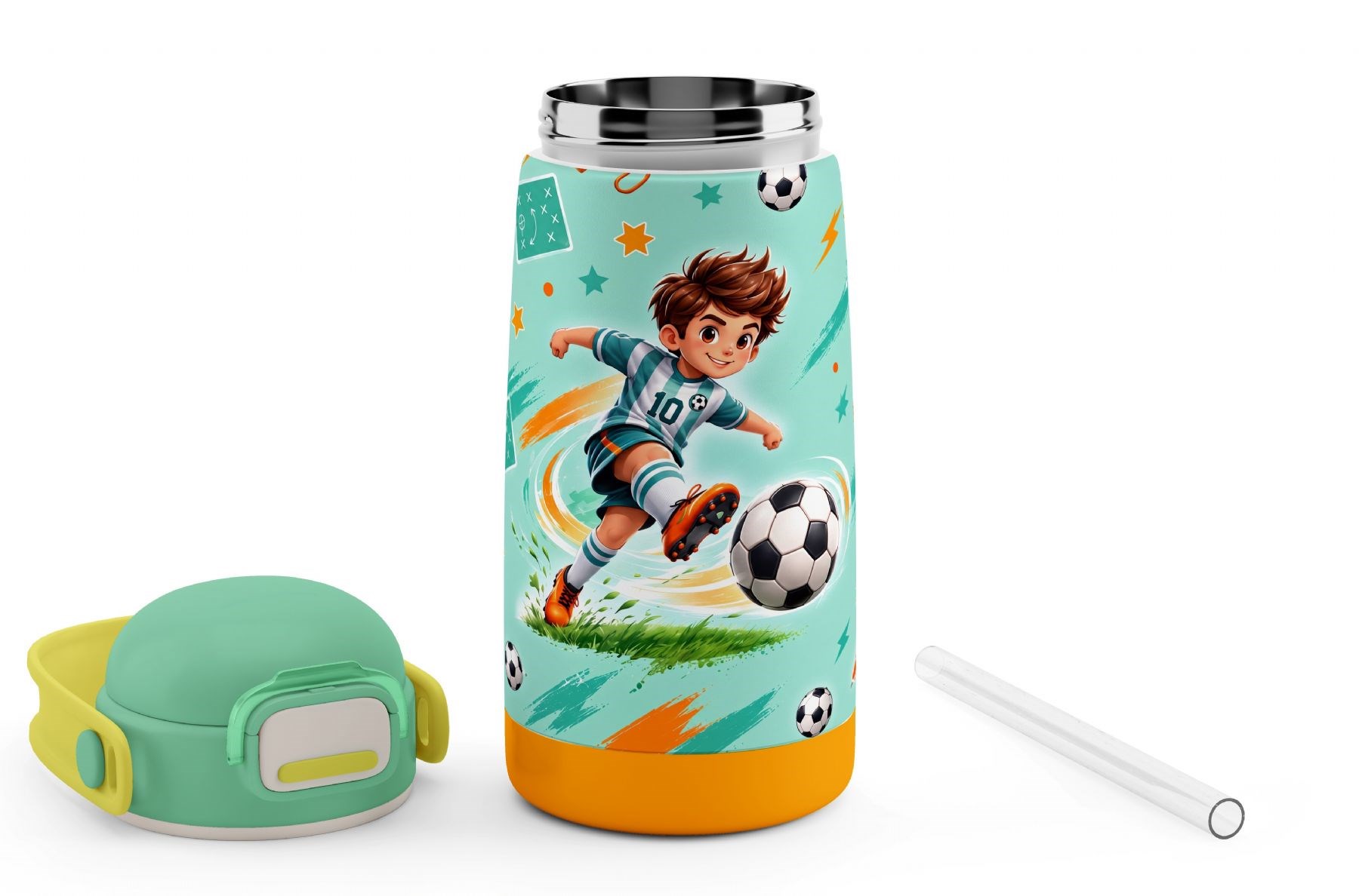 Puccon 420 ml Açık Yeşil Futbol Desenli Erkek Çocuk Okul Matarası Paslanmaz Çelik Termos - 60021