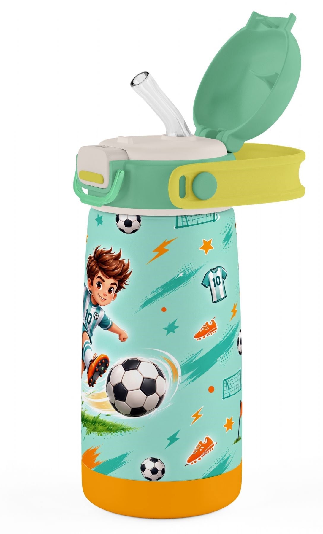 Puccon 420 ml Açık Yeşil Futbol Desenli Erkek Çocuk Okul Matarası Paslanmaz Çelik Termos - 60021