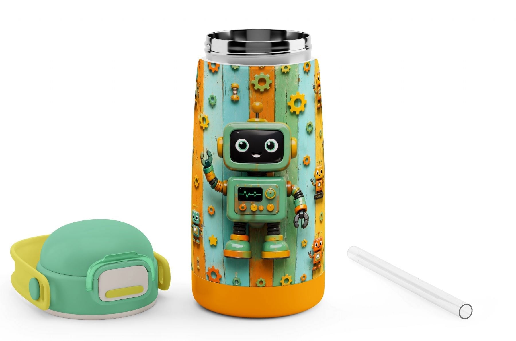 Puccon 420 ml Erkek Çocuk Yeşil Robot Baskılı Okul Matarası/Termosu - 60016 - Sevimli Robotlar