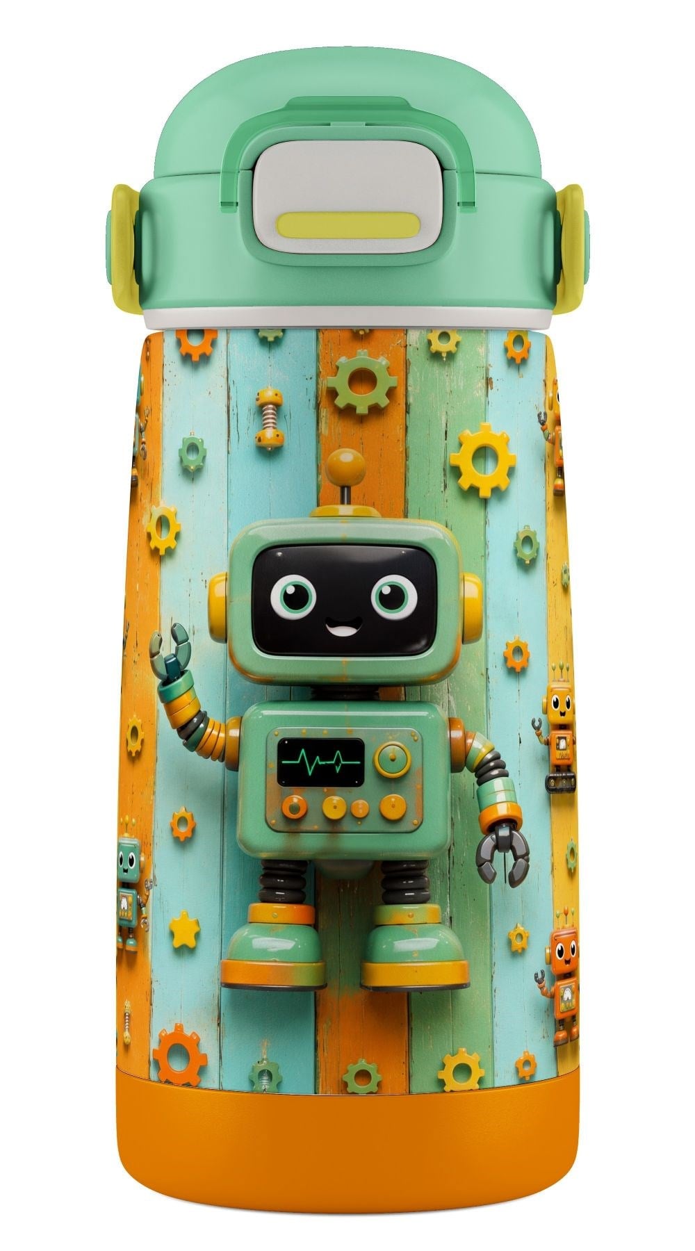 Puccon 420 ml Erkek Çocuk Yeşil Robot Baskılı Okul Matarası/Termosu - 60016 - Sevimli Robotlar