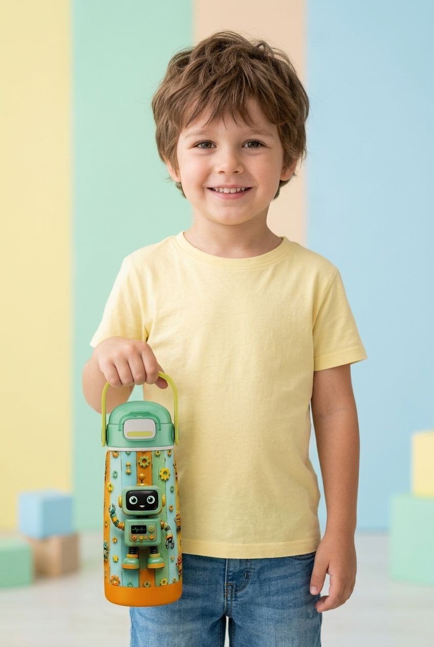 Puccon 420 ml Erkek Çocuk Yeşil Robot Baskılı Okul Matarası/Termosu - 60016 - Sevimli Robotlar