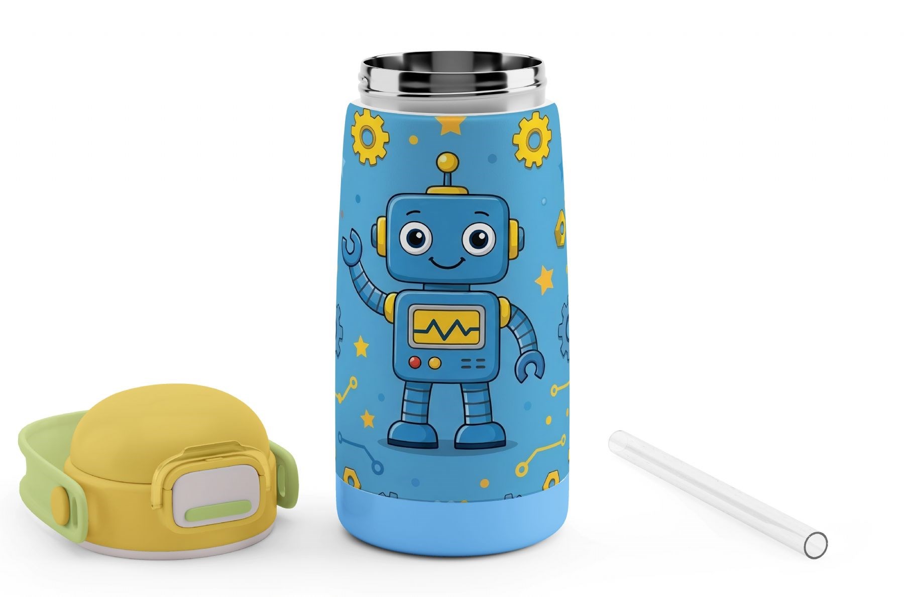 Puccon 420 ml Mavi Robot Desenli Erkek Çocuk Paslanmaz Çelik Matara Suluk - 60009